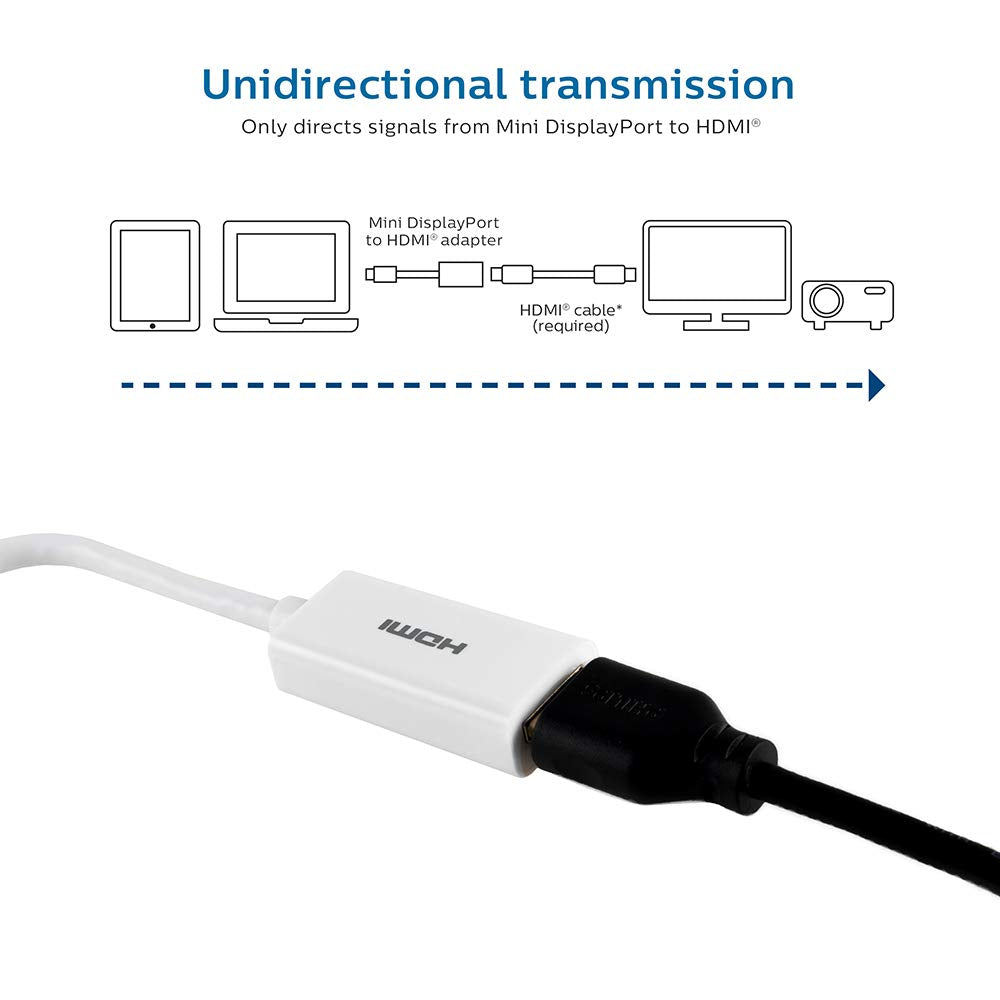 PHILIPS Mini DisplayPort to HDMI Adapter, Unidirectional, Audio and Video, Full HD 1080p, 4K Ultra HD, Slim Compact Portable Design, White Cable, for All Brands, SWV9200F/27