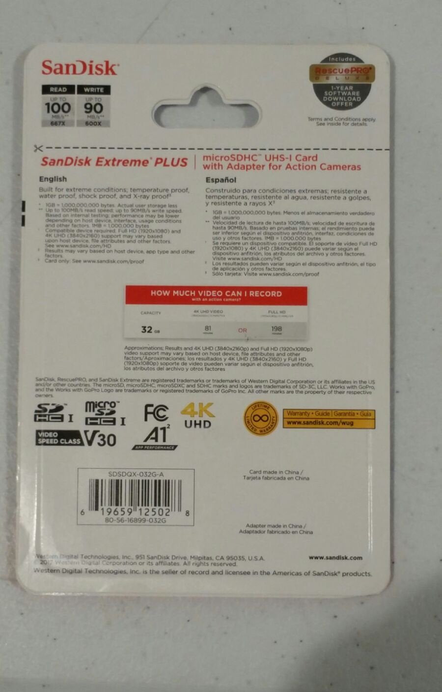 SANDISK EXTREME PLUS MICRO UHS-I 32GB MEMORY CARD WITH ADAPTER 100MB/s