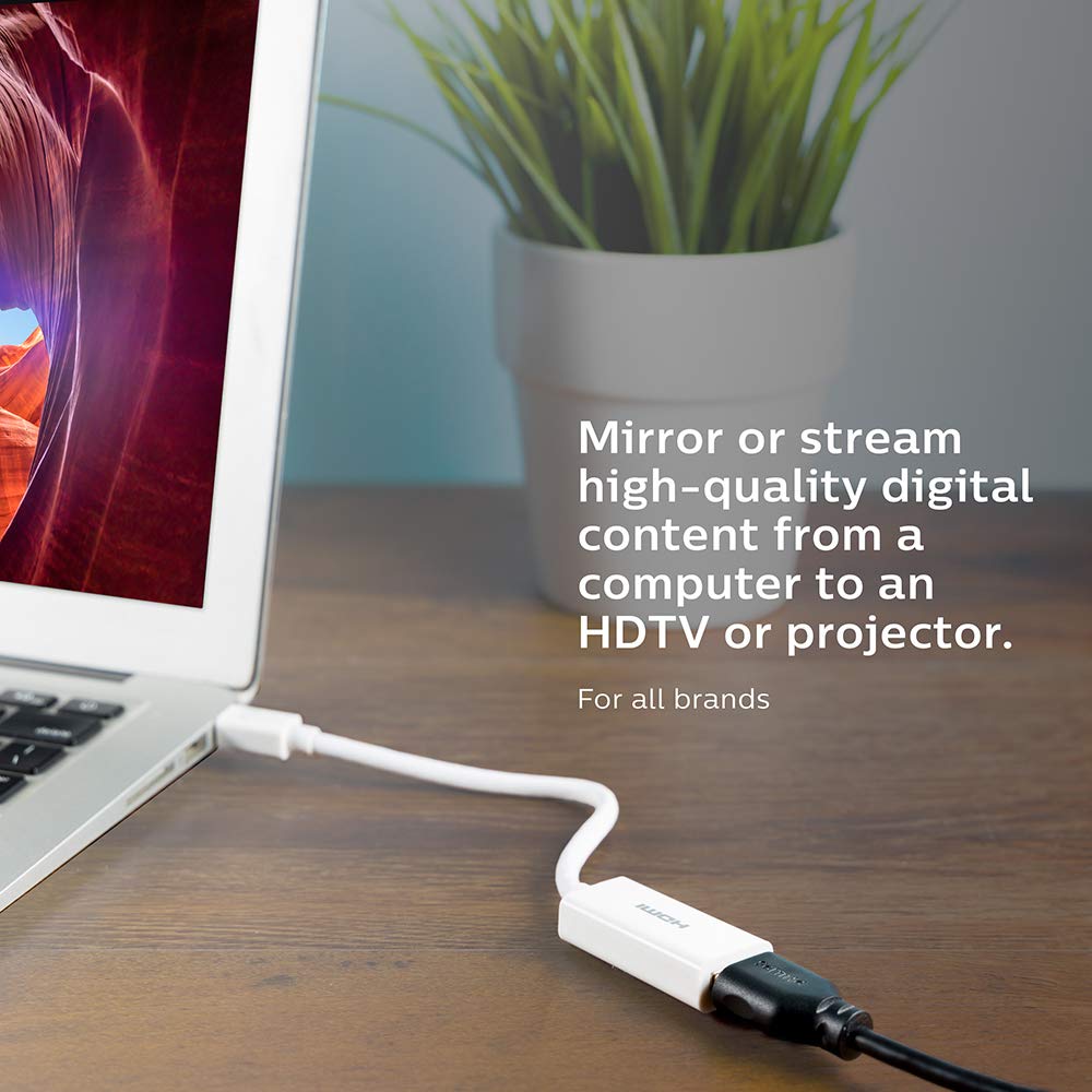 PHILIPS Mini DisplayPort to HDMI Adapter, Unidirectional, Audio and Video, Full HD 1080p, 4K Ultra HD, Slim Compact Portable Design, White Cable, for All Brands, SWV9200F/27
