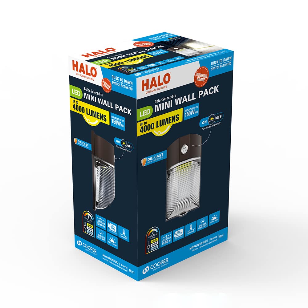 HALO 150- Watt Equivalent, Integrated LED, Bronze Finish, Dusk to Dawn Mini Wall Pack Light, Selectable CCT 3000K/4000K/5000K