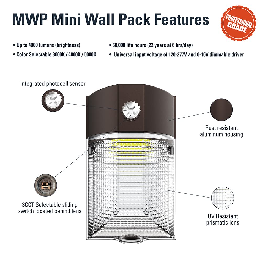 HALO 150- Watt Equivalent, Integrated LED, Bronze Finish, Dusk to Dawn Mini Wall Pack Light, Selectable CCT 3000K/4000K/5000K