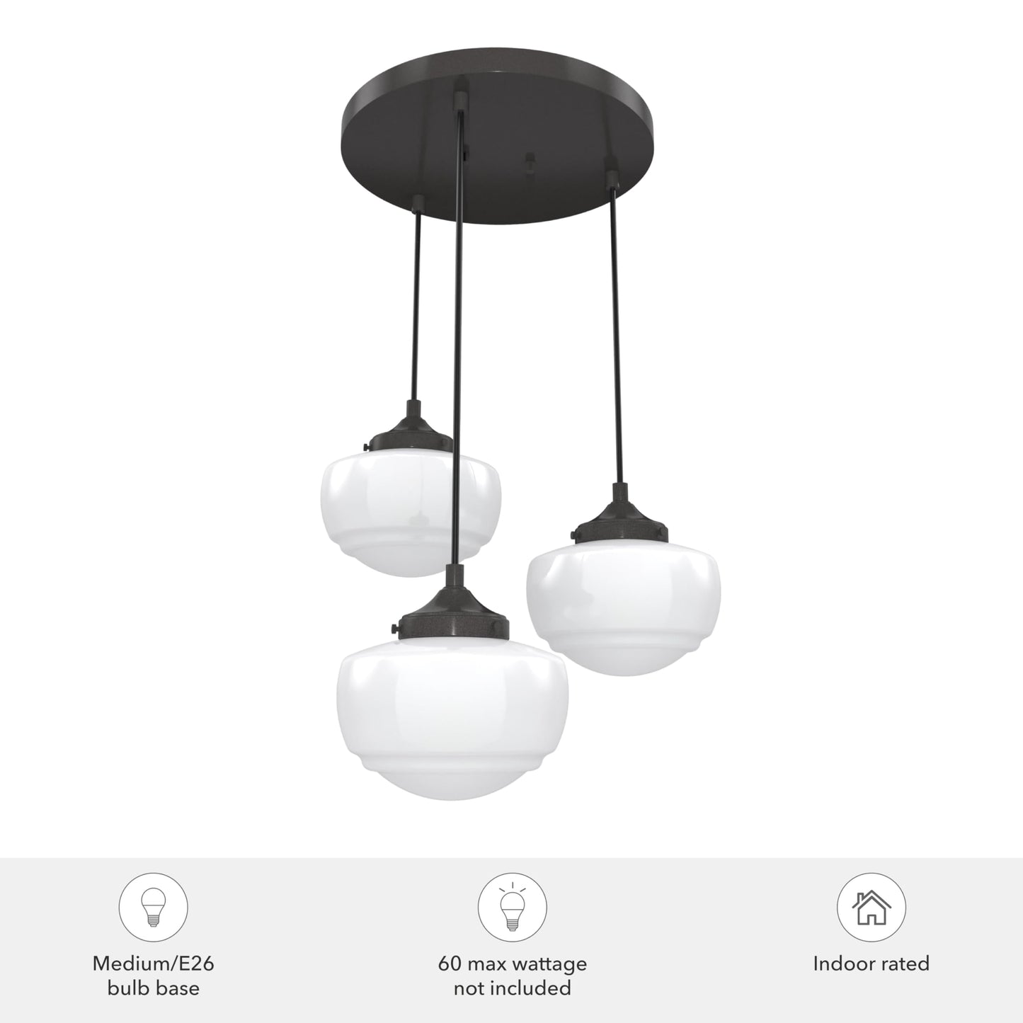 Hunter - Saddle Creek 3-light Noble Bronze, Medium Size Cluster Light, Dimmable, Schoolhouse Style, Round Shaped, for Bedrooms, Kitchens, Dining, Living Rooms - 19502