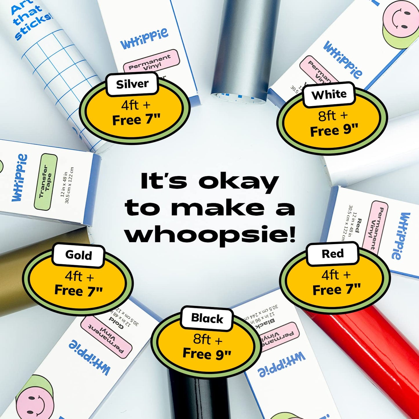 WHIPPIE Permanent Vinyl - 12" x 8 FT, White Vinyl for Cricut, Adhesive Vinyl Roll for All Cutting Machine, Create Signs, Labels, Home Decal, Craft & Personalize DIY Project, White