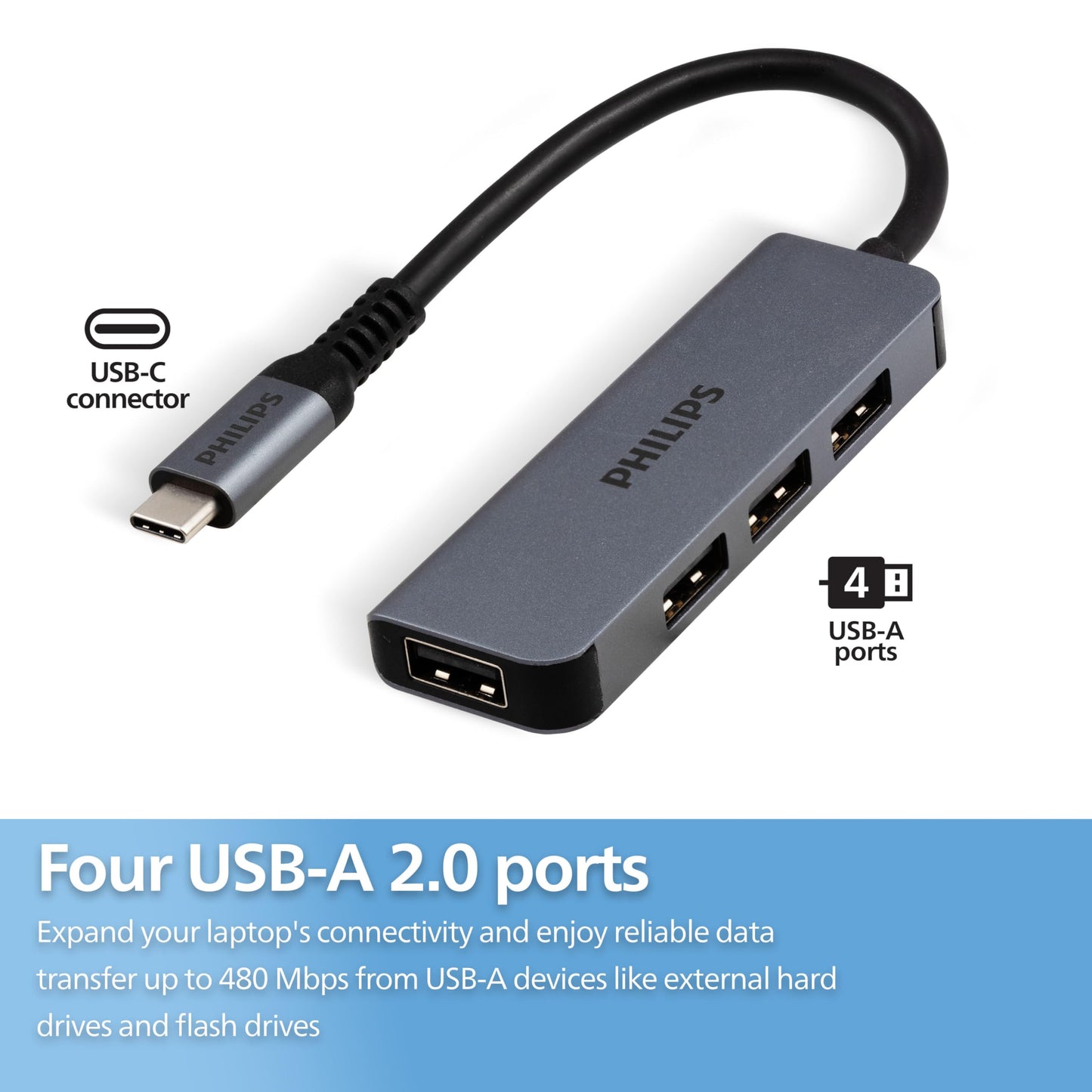 PHILIPS USB-C to USB Hub, 4 USB 2.0 Ports, 480 Mbps Data Transfer Speed, USB Multiport Adapter, Aluminum Case, Travel, School, Home, Compatible with Windows, PC, Mac, Printer, Mobile, SWL3573S/37