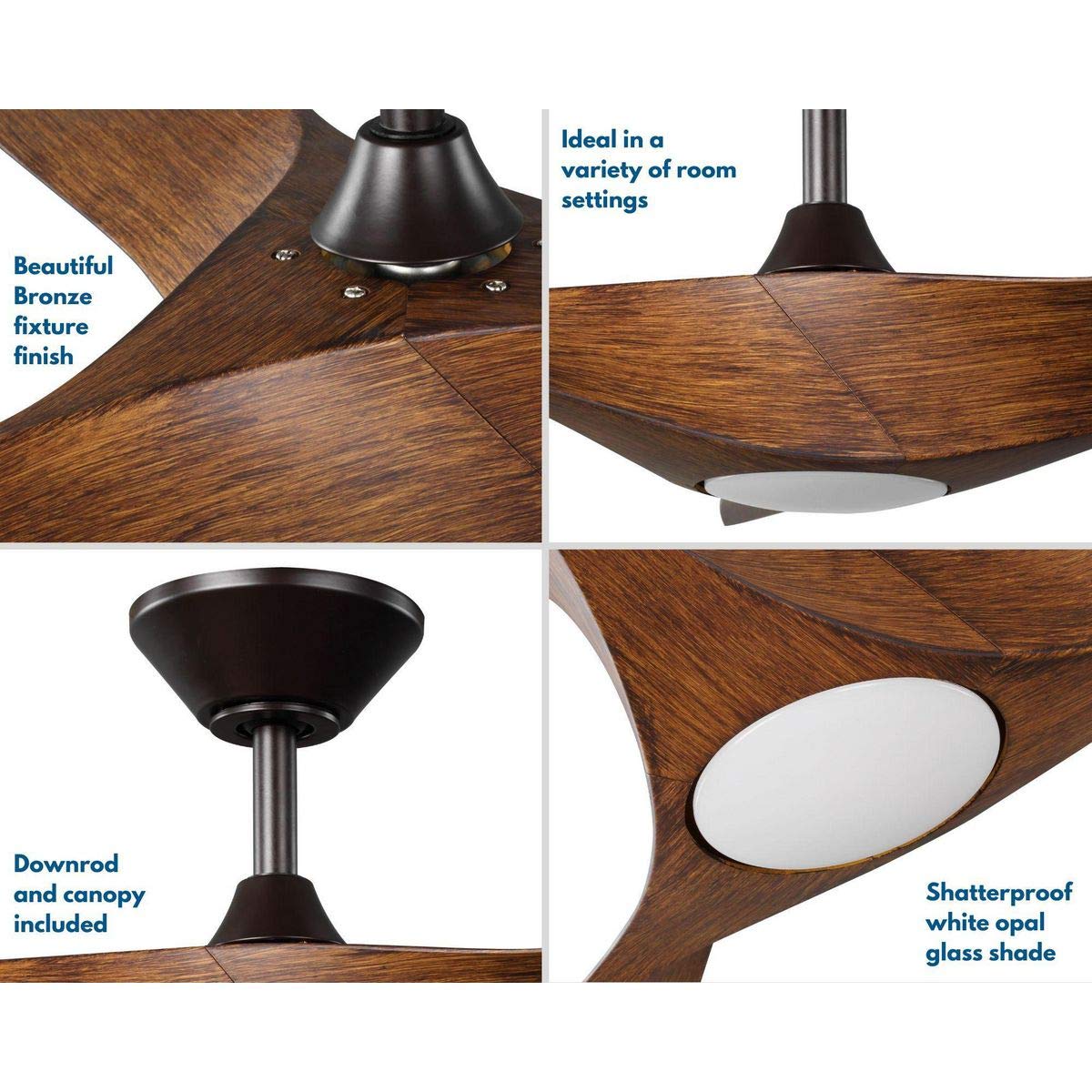 PROGRESS LIGHTING Ryne Collection 52-Inch 3-Blade Woodgrain LED DC Motor Transitional Indoor/Outdoor Ceiling Fan, Brown