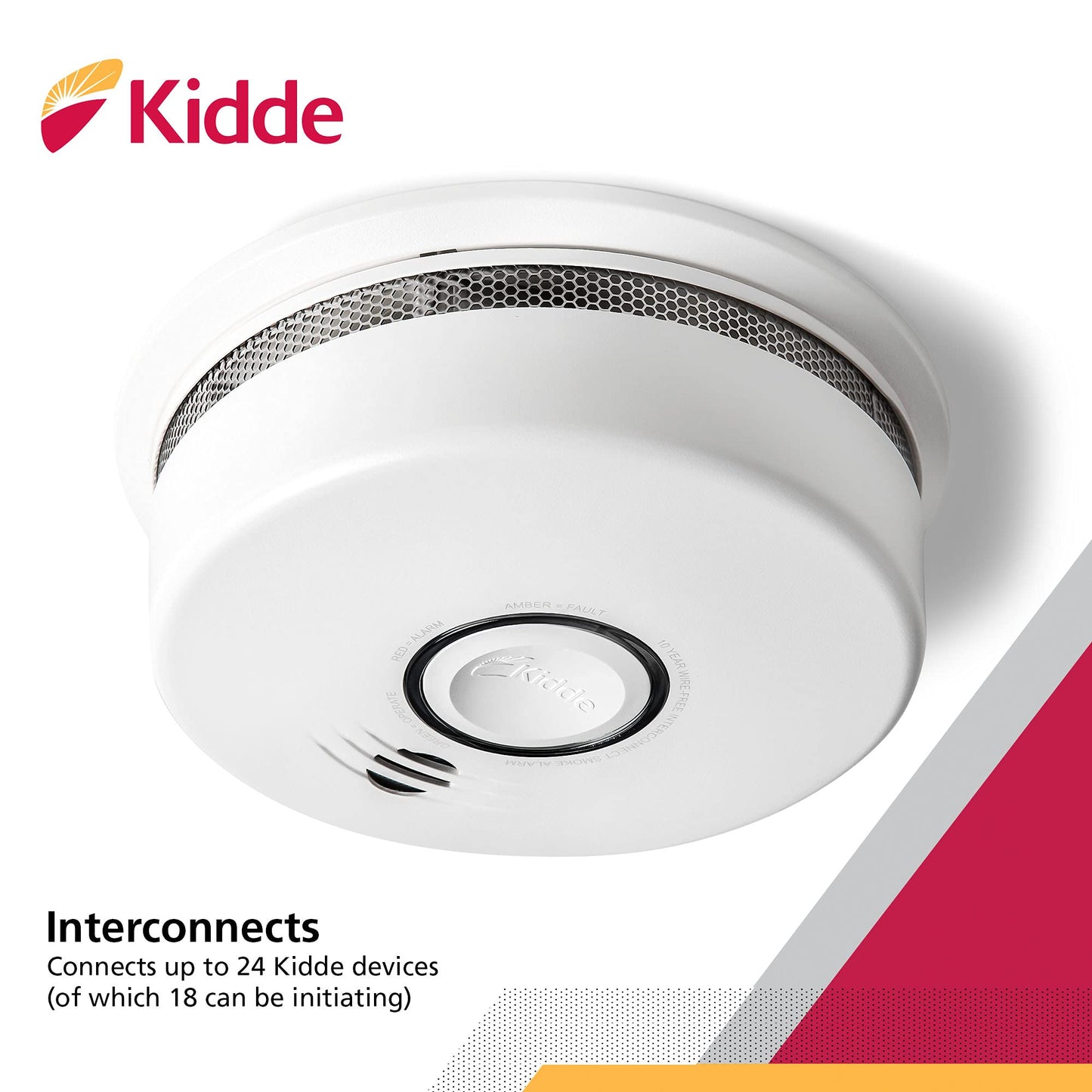 Kidde Smoke Detector, 10-Year Battery, Photoelectric Sensor Wire-Free Interconnect Smoke Alarm, Voice Alert, White, 2 Count