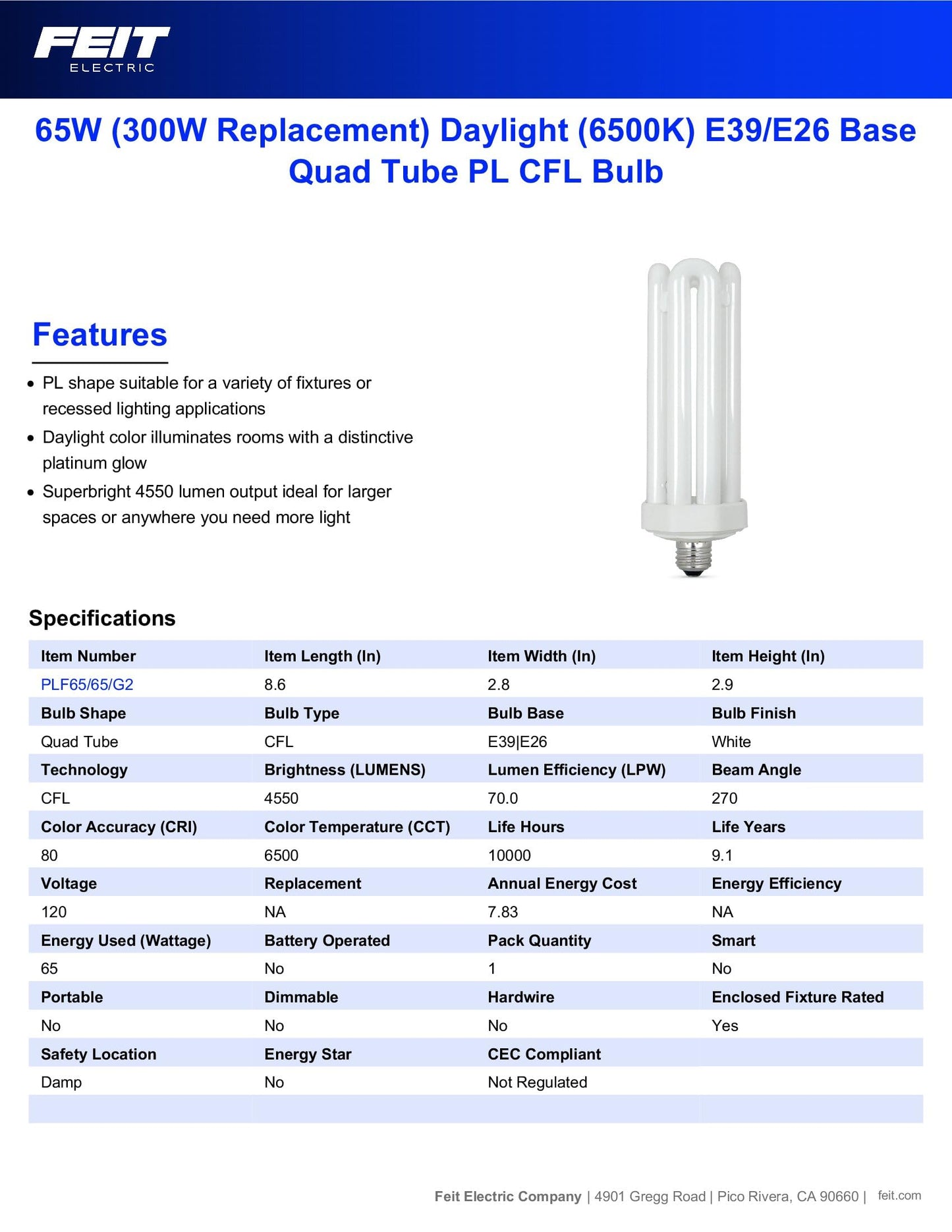 Feit Electric CFL Quad Tube Light Bulb, 300W Equivalent, E26 Base with Mogul Base Adapter, 65-Watt CFL Light Bulb for Residential & Commercial Use, 6500K Daylight, 10,000-Hour Lifespan, PLF65/65/G2