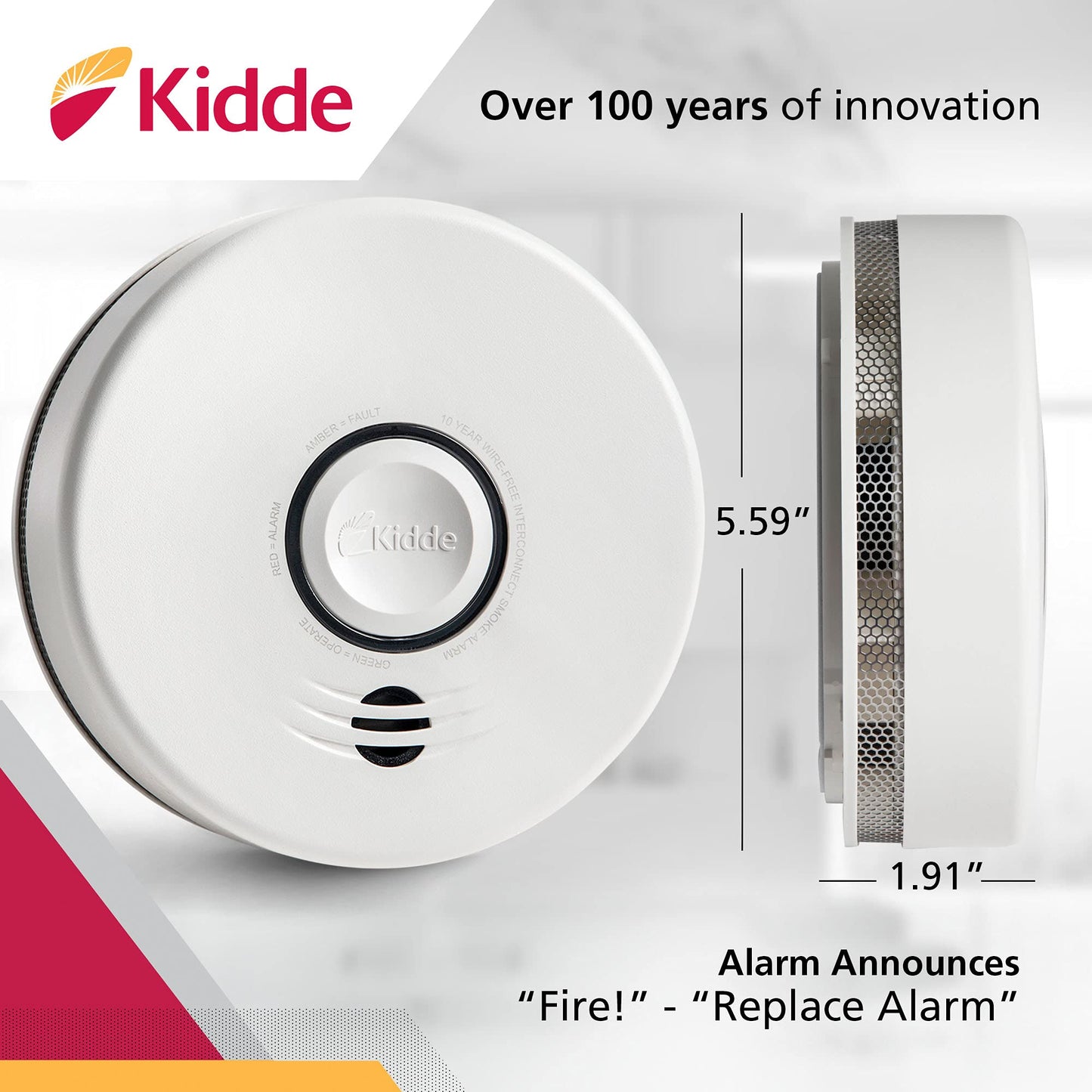 Kidde Smoke Detector, 10-Year Battery, Photoelectric Sensor Wire-Free Interconnect Smoke Alarm, Voice Alert, White, 2 Count
