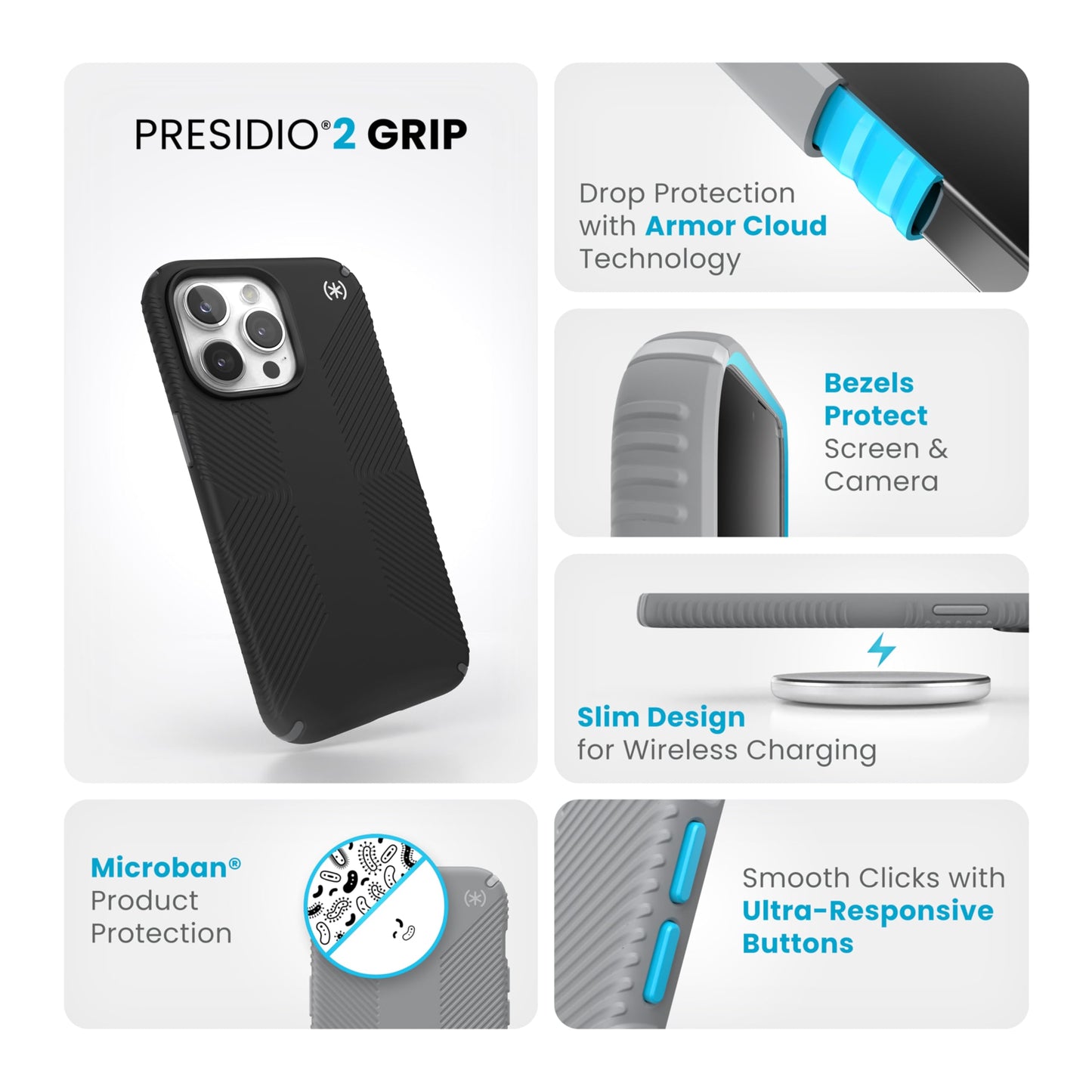 Speck iPhone 15 Pro Max Case - MagSafe Compatible, Drop Protection Grip - Scratch Resistant, Soft Touch, 6.7 Inch Phone Case - Presidio2 Grip Black/Slate Grey/White