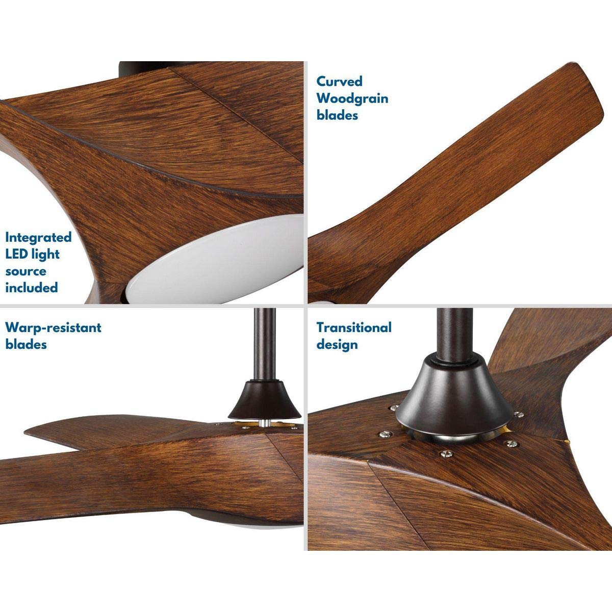 PROGRESS LIGHTING Ryne Collection 52-Inch 3-Blade Woodgrain LED DC Motor Transitional Indoor/Outdoor Ceiling Fan, Brown