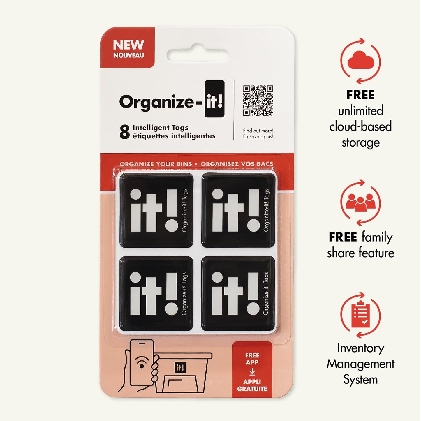 NFC Code Smart Labels | Scannable Weatherproof Tags for Storage Bins, Containers & Organization | Free APP for Tracking Inventory on iOS/Android | Free Unlimited Cloud-Based-Family Sharing | Pack of 8