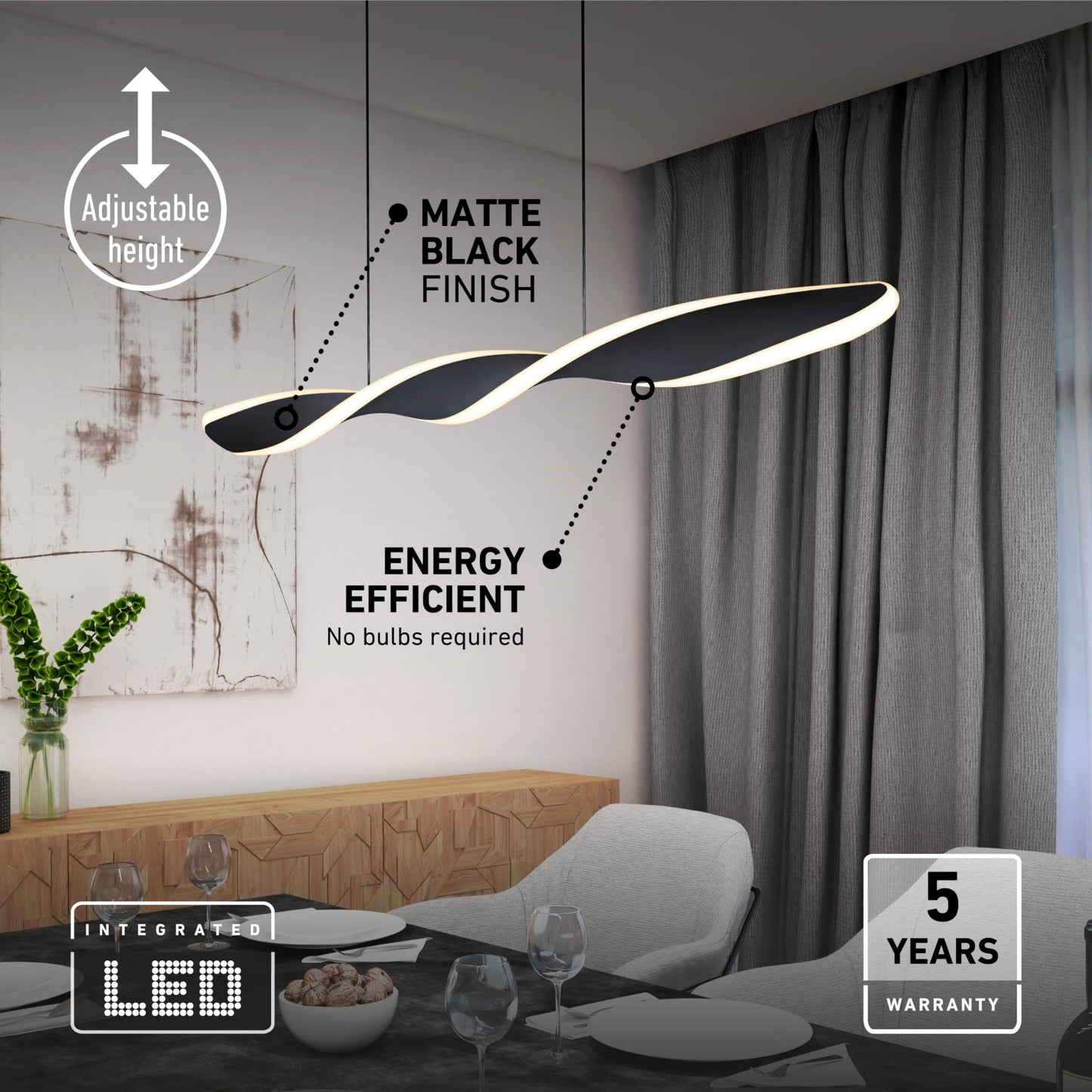 artika Finley 30 Watts Integrated LED Modern Pendant Light Fixture, Black Ideal for Kitchen Islang Light, Mini-Pendant, 1600 Lumens 3000-4000-5000 Kelvin