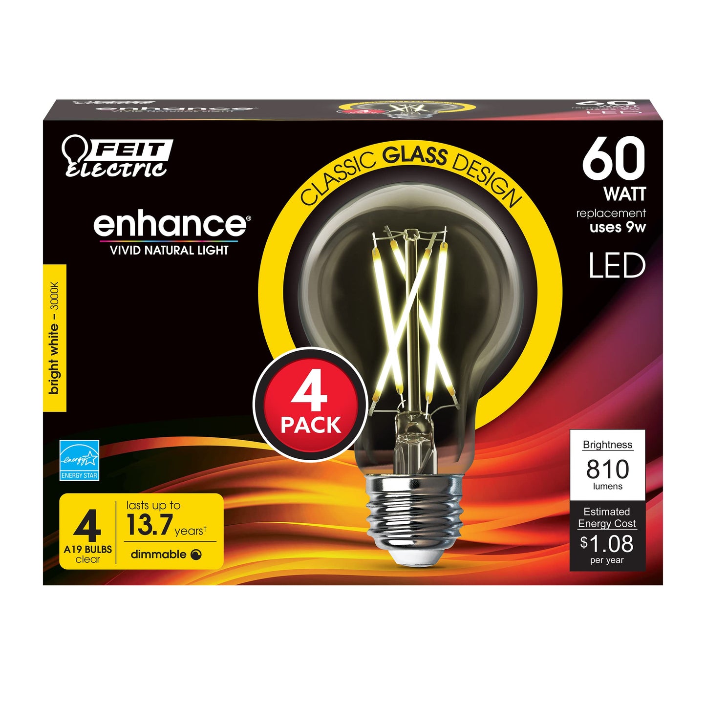 Feit Electric LED Clear A19 Medium Base Light Bulb - 60W Equivalent - 15 Year Life - 810 Lumen - 3000K Bright White - Dimmable | 4-Pack