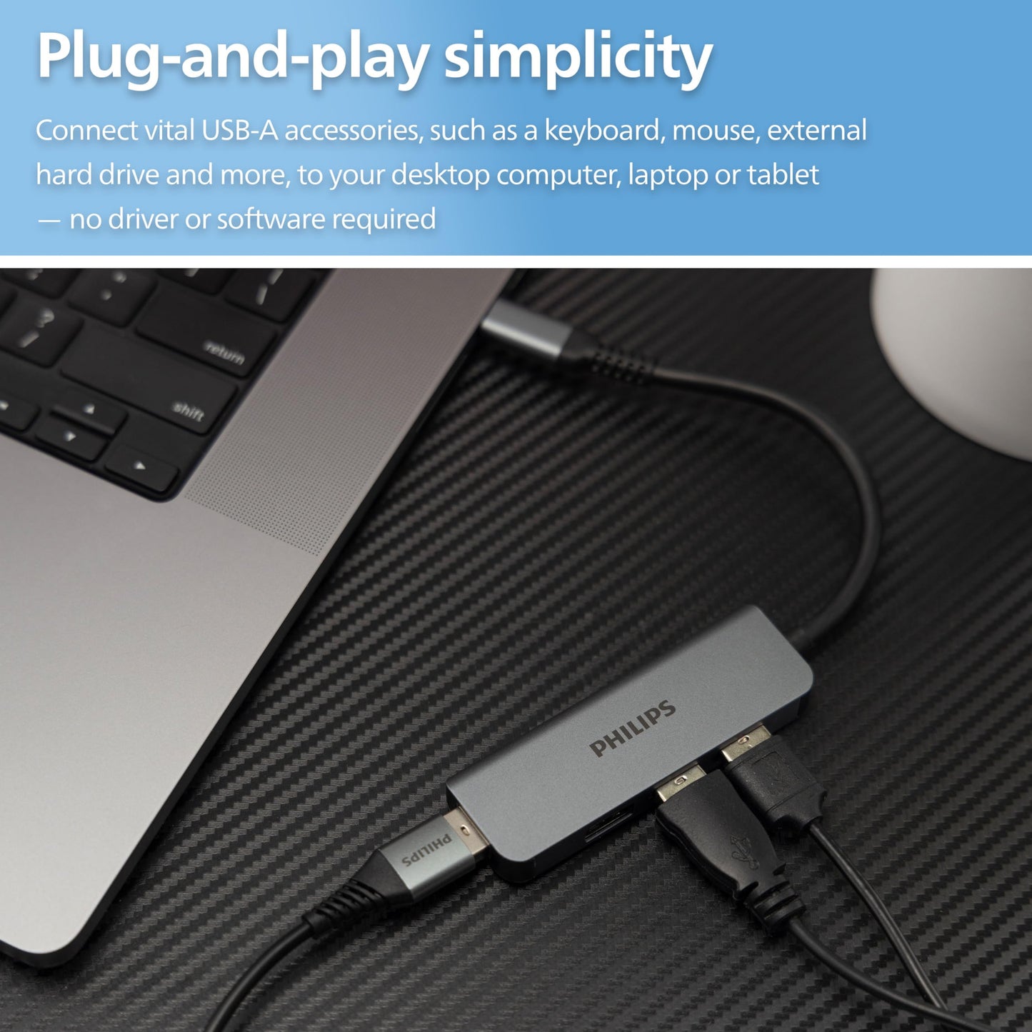 PHILIPS USB-C to USB Hub, 4 USB 2.0 Ports, 480 Mbps Data Transfer Speed, USB Multiport Adapter, Aluminum Case, Travel, School, Home, Compatible with Windows, PC, Mac, Printer, Mobile, SWL3573S/37