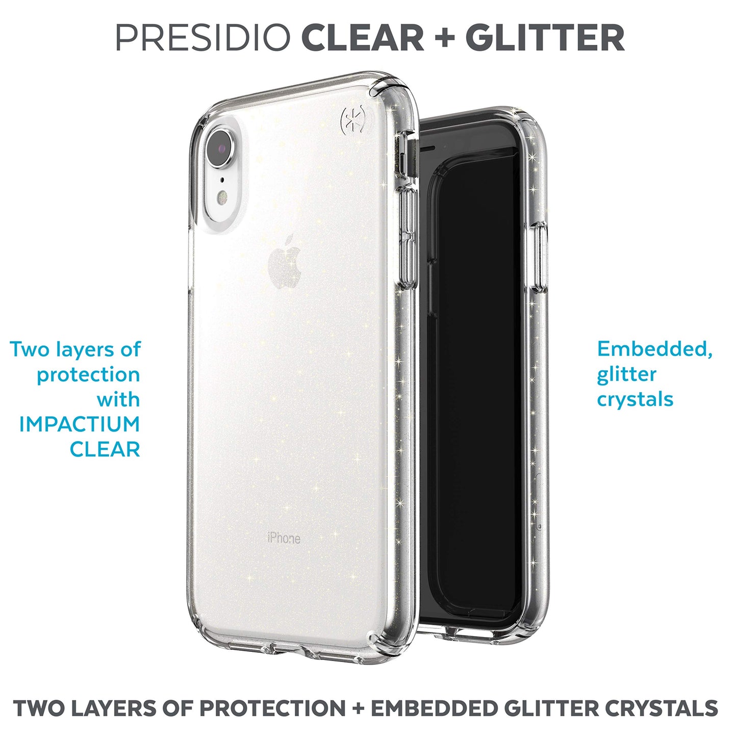 Speck Products Compatible Phone Case for Apple iPhone XR, Presidio Clear + Glitter Case, Clear with Gold Glitter/Clear