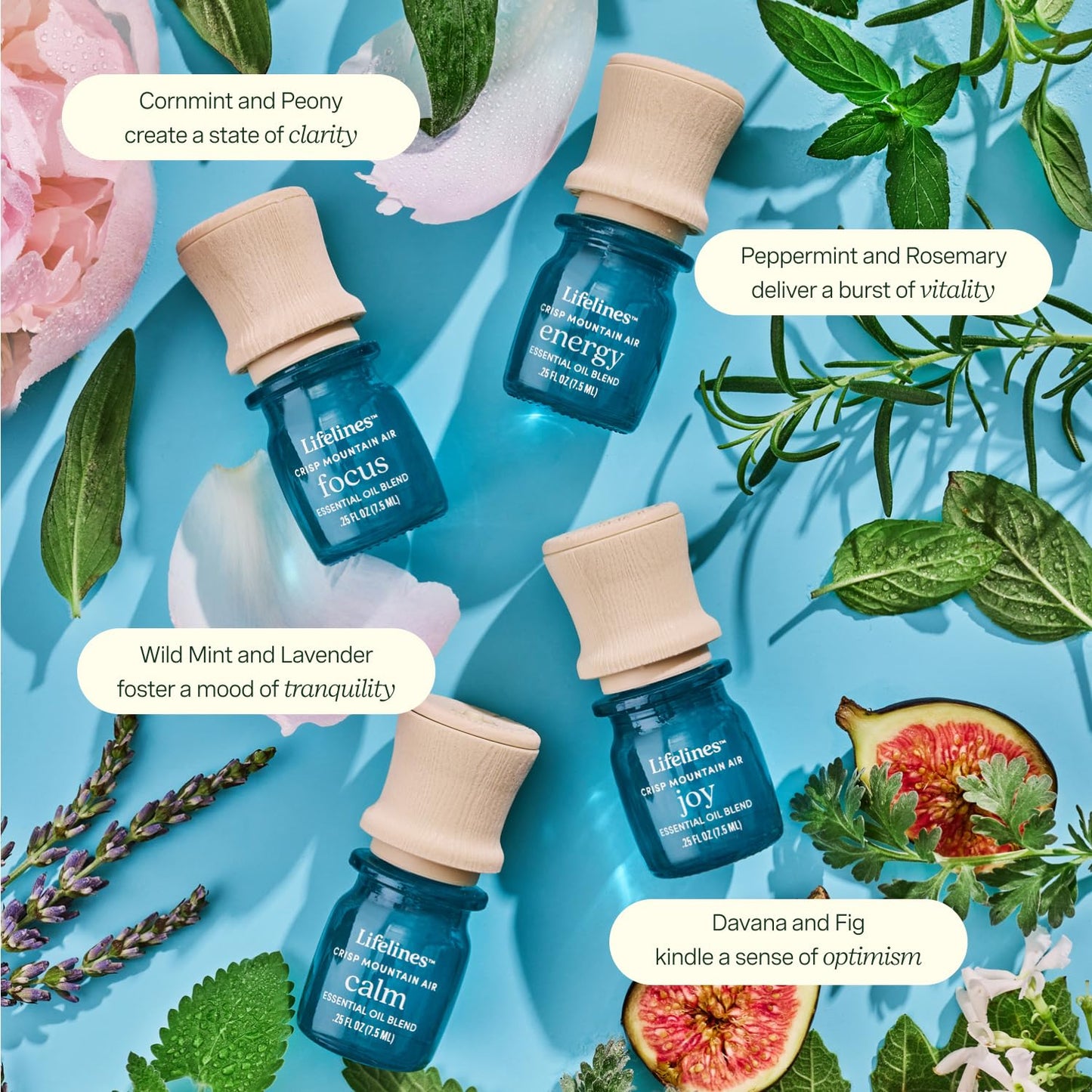 Lifelines Essential Oil Blends, 4-Pack - Blended Essential Oils with Precision Pump for Aromatherapy Diffusers - Long-Lasting Scented Fragrance - Crisp Mountain Air (Joy, Calm, Focus & Energy)