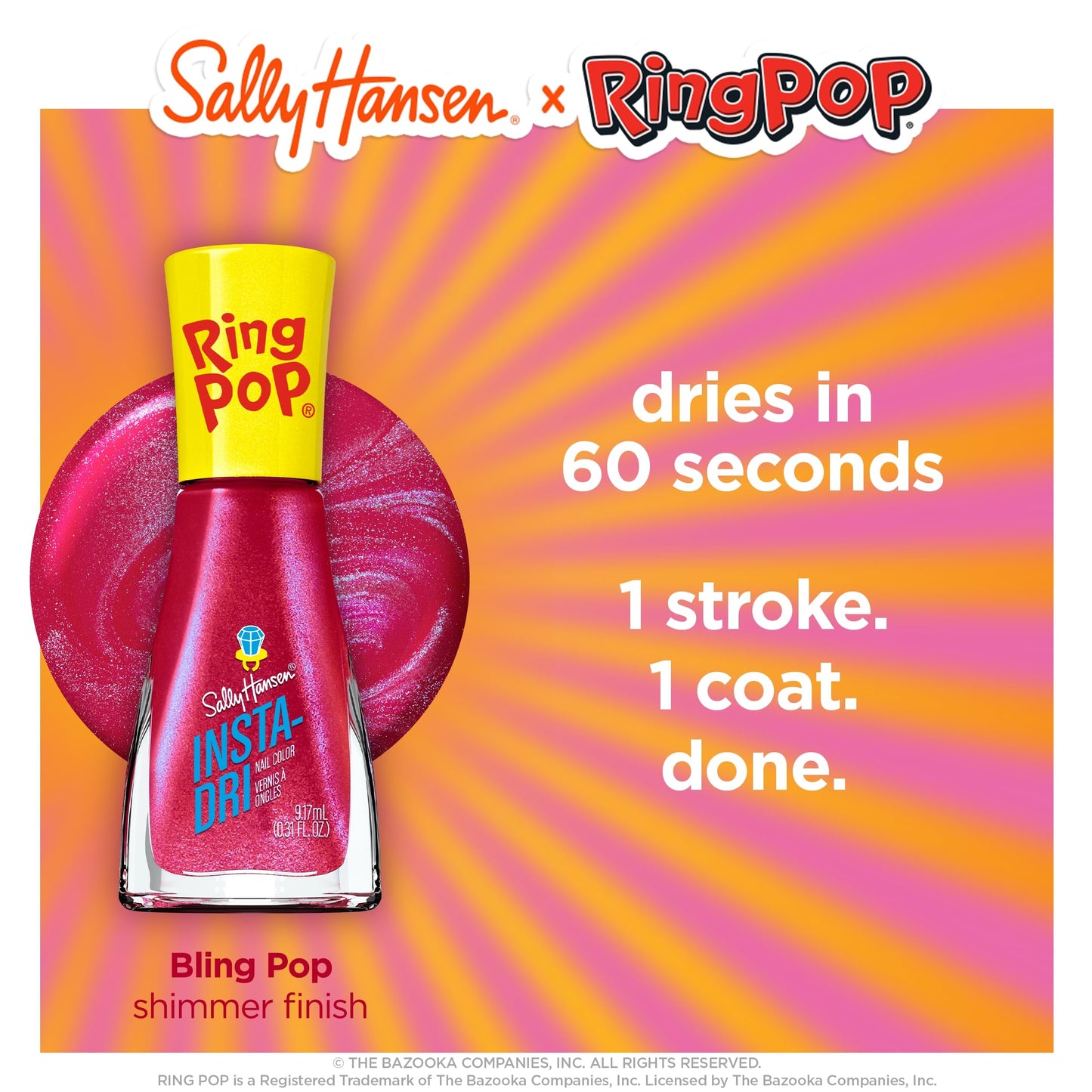 Sally Hansen Insta-Dri®, Ring Pop Bling Pop, Quick Dry, Long Lasting, Streak-Free Shine, Pink Nail Polish