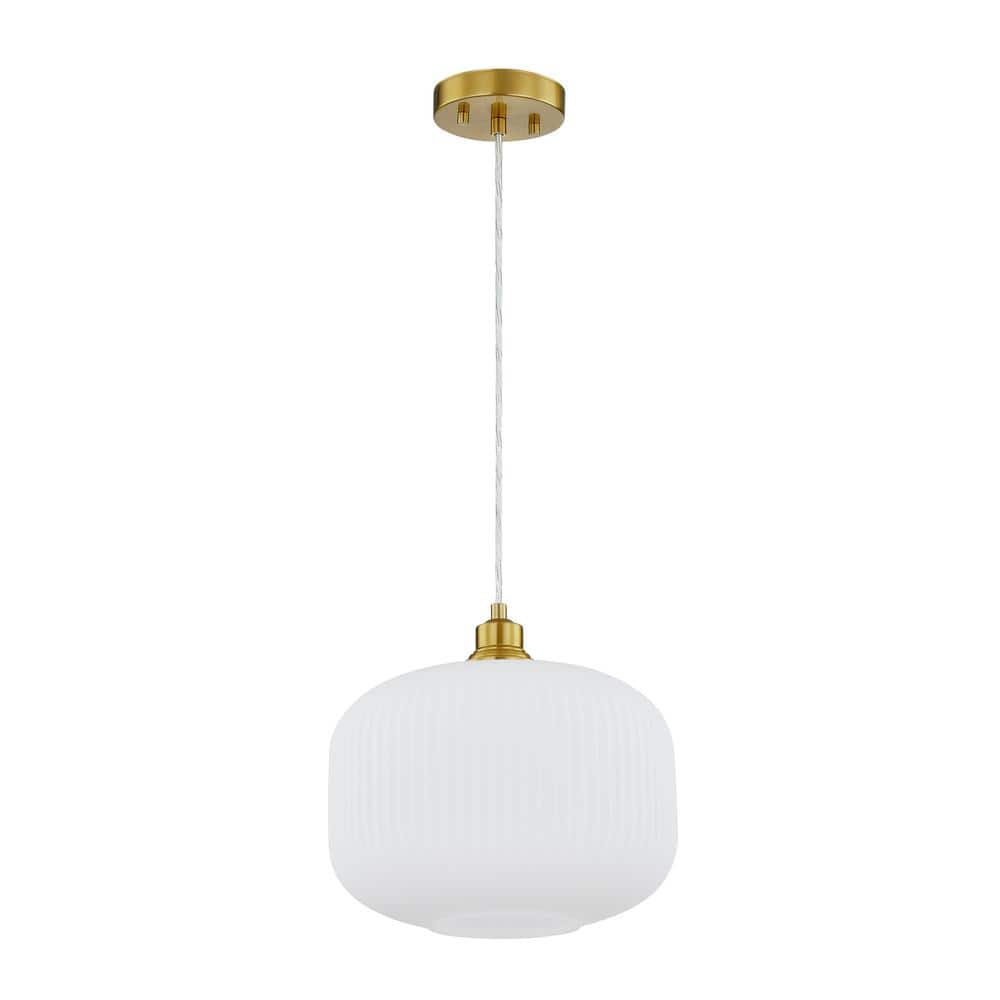 Doris 60-Watt 1 Light Aged Brass Standard Mini Pendant Light with Opal Etched Ribbed Glass Shade, No Bulbs Included