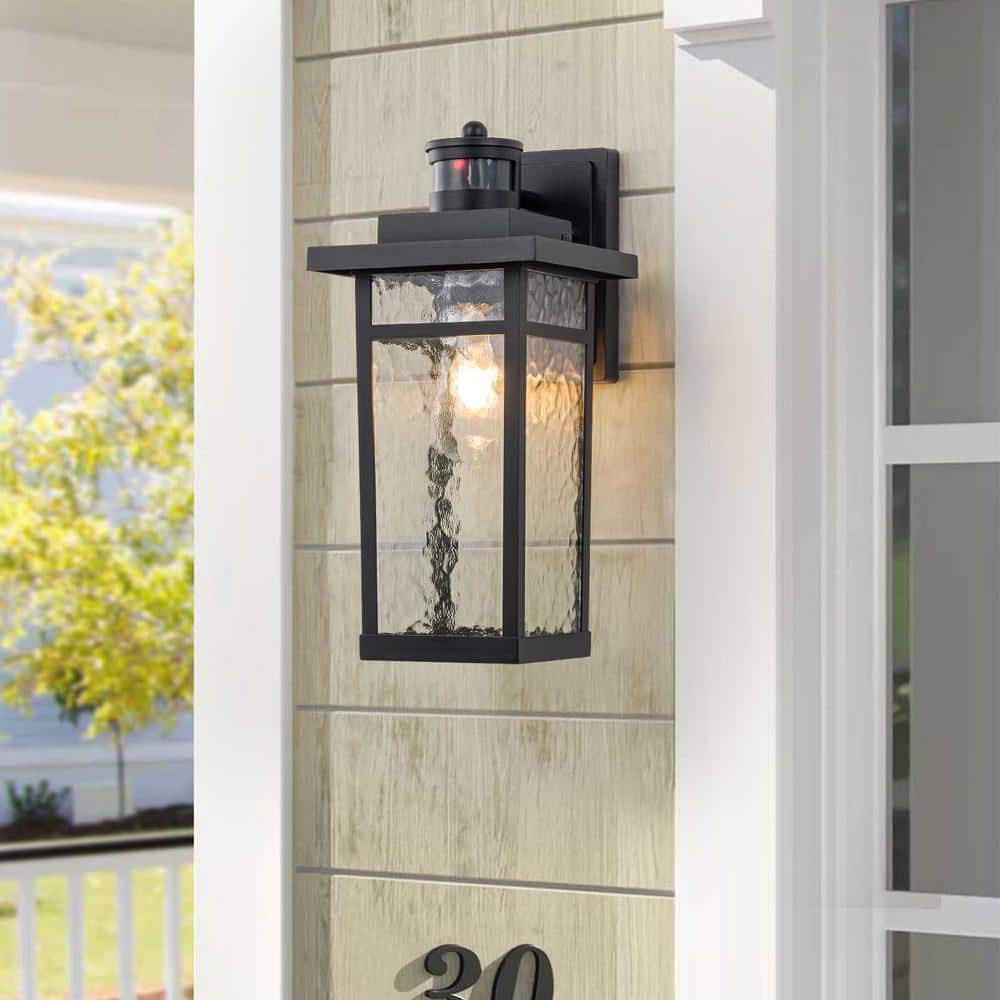 Douglas 1-Light Motion Sensor Outdoor Wall Lantern Sconce with Hammer Glass