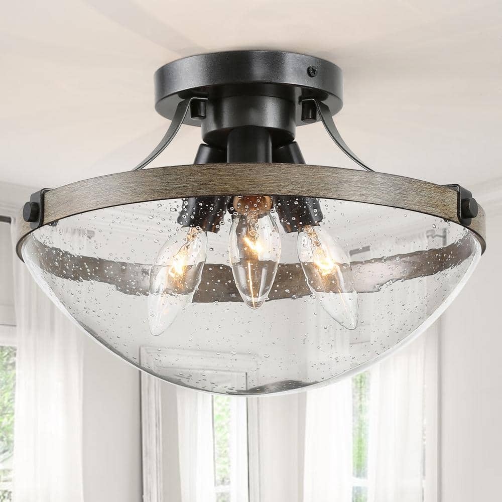Farmhouse Modern Black 3-Light Candlestick Semi-Flush Mount Ceiling Light with Seeded Glass Shade and Faux Wood Accent