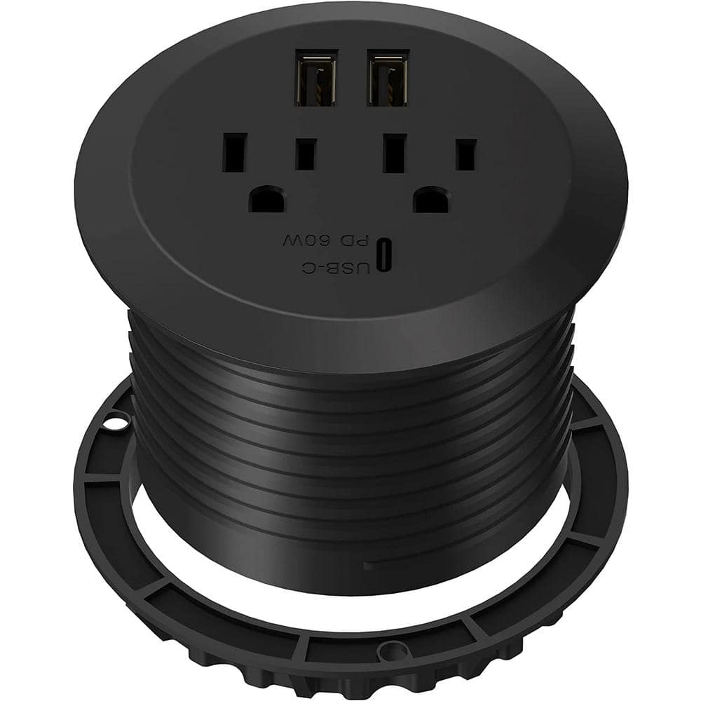 12 Amp 2-Outlets Desktop Grommet, 60-Watt Power Delivery Type C Port, 3-USB Charging Ports, Black