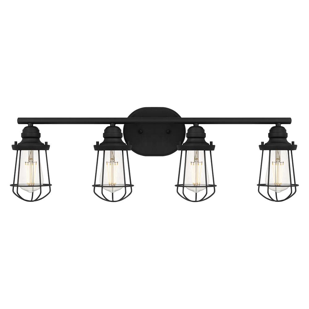 Southbourne 28 in. 4-Light Matte Black Vanity Light with Open Steel Cage Frame