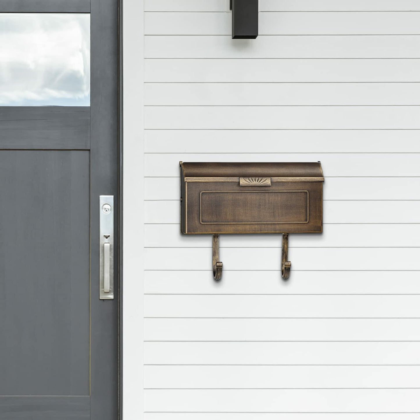 Cast Aluminum Metal Mailbox with Newspaper Hooks, Easy to Install Wall Mount, Heavy Duty, Rustproof Paint, Horizontal Mail Box for Outside House Porch - 16” x 4.25” x 8.25” (Antique Bronze)