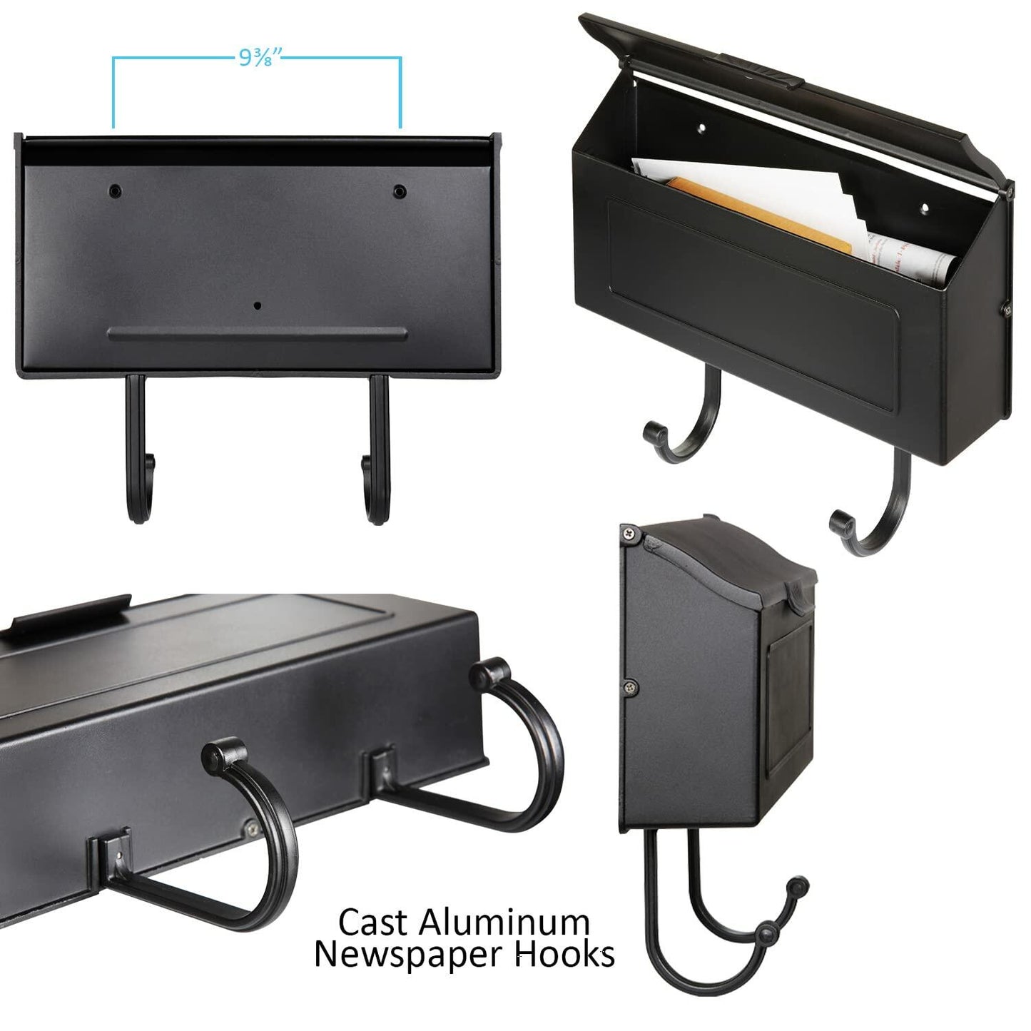 Cast Aluminum Metal Mailbox with Newspaper Hooks, Easy to Install Wall Mount, Heavy Duty, Rustproof Paint, Horizontal Mail Box for Outside House Porch - 16” x 4.25” x 8.25” (Antique Bronze)