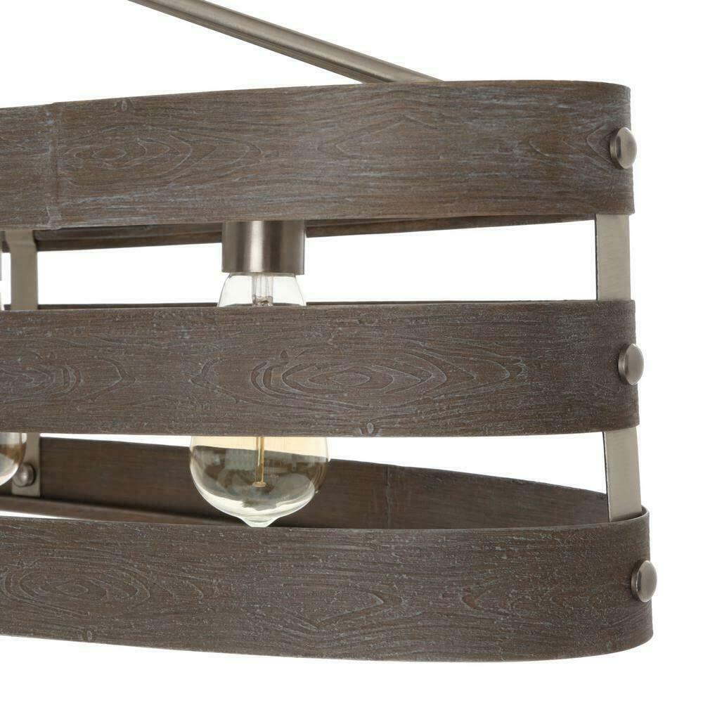 Gulliver 38.5 in. 4-Light Brushed Nickel Farmhouse Linear Island Chandelier with Weathered Gray Wood Accents