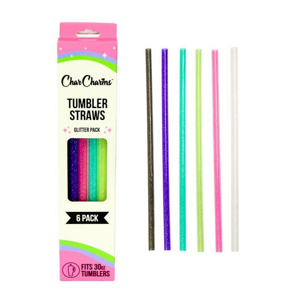 CharCharms 6pk 30oz Glitter Water Bottle Straws: BPA-Free Polypropylene, Dishwasher-Safe, Pink Drinkware Accessory