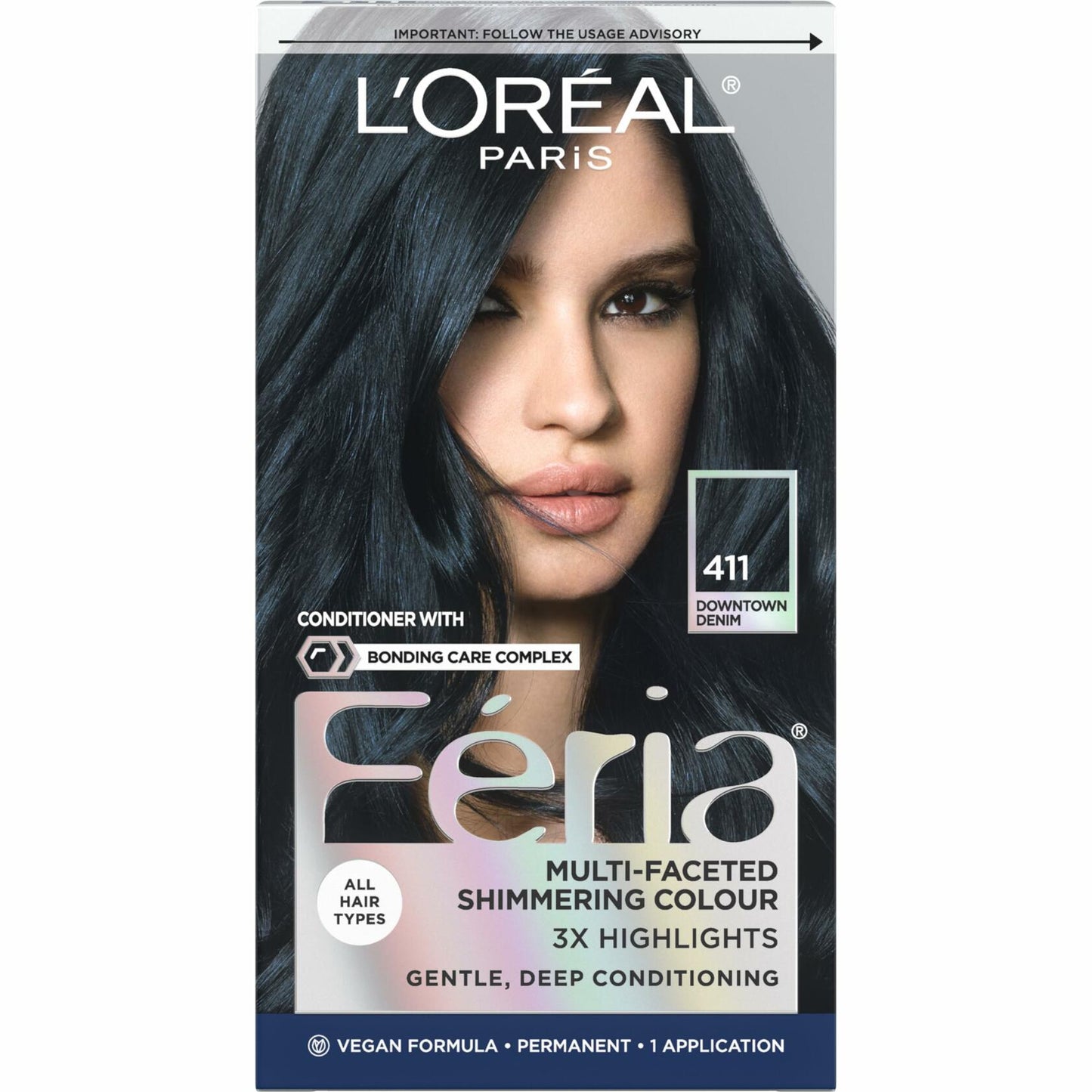 L'Oreal Paris Feria Multi-Faceted Shimmering Permanent Hair Color, 411 Downtown Denim, Pack of 1 Hair Dye Kit