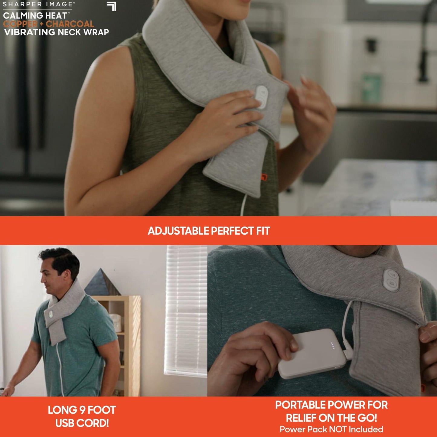 Sharper Image Calming Heat Massaging Neck Wrap, Relaxing Vibrations, Gray