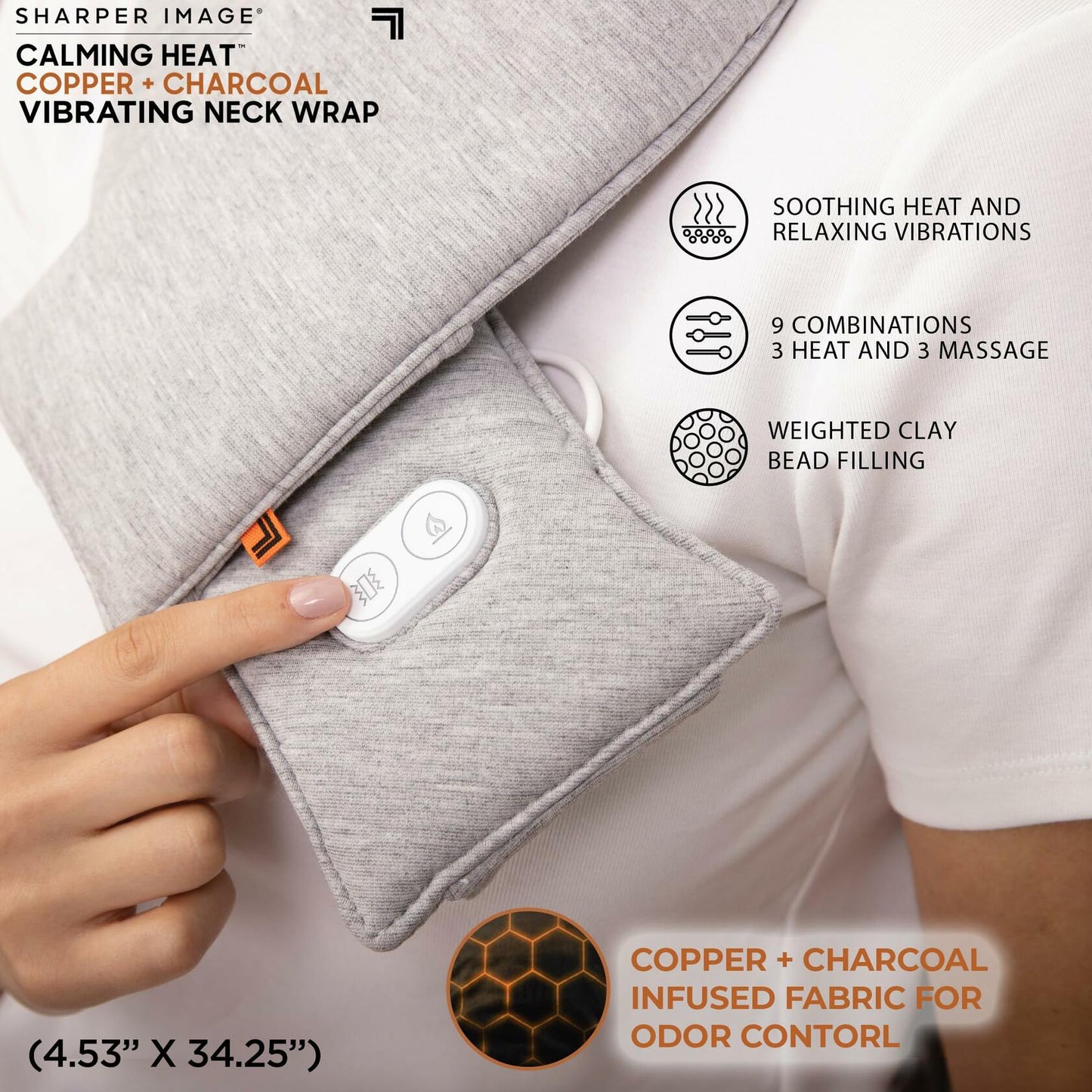 Sharper Image Calming Heat Massaging Neck Wrap, Relaxing Vibrations, Gray