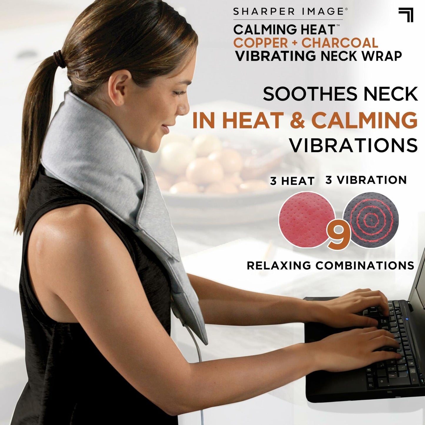 Sharper Image Calming Heat Massaging Neck Wrap, Relaxing Vibrations, Gray