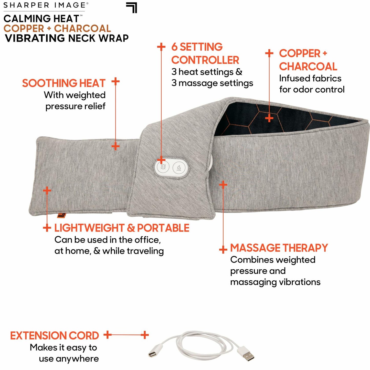 Sharper Image Calming Heat Massaging Neck Wrap, Relaxing Vibrations, Gray