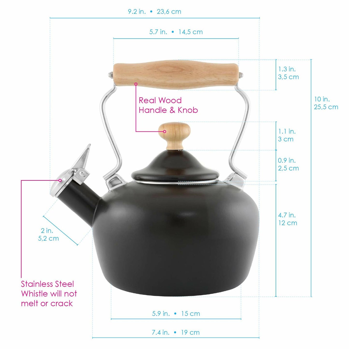 Chantal Tea Kettle, Carina Series, 1.8 QT, Premium Enamel on Carbon Steel, Whistling, Even Heating & Quick Boil, Black