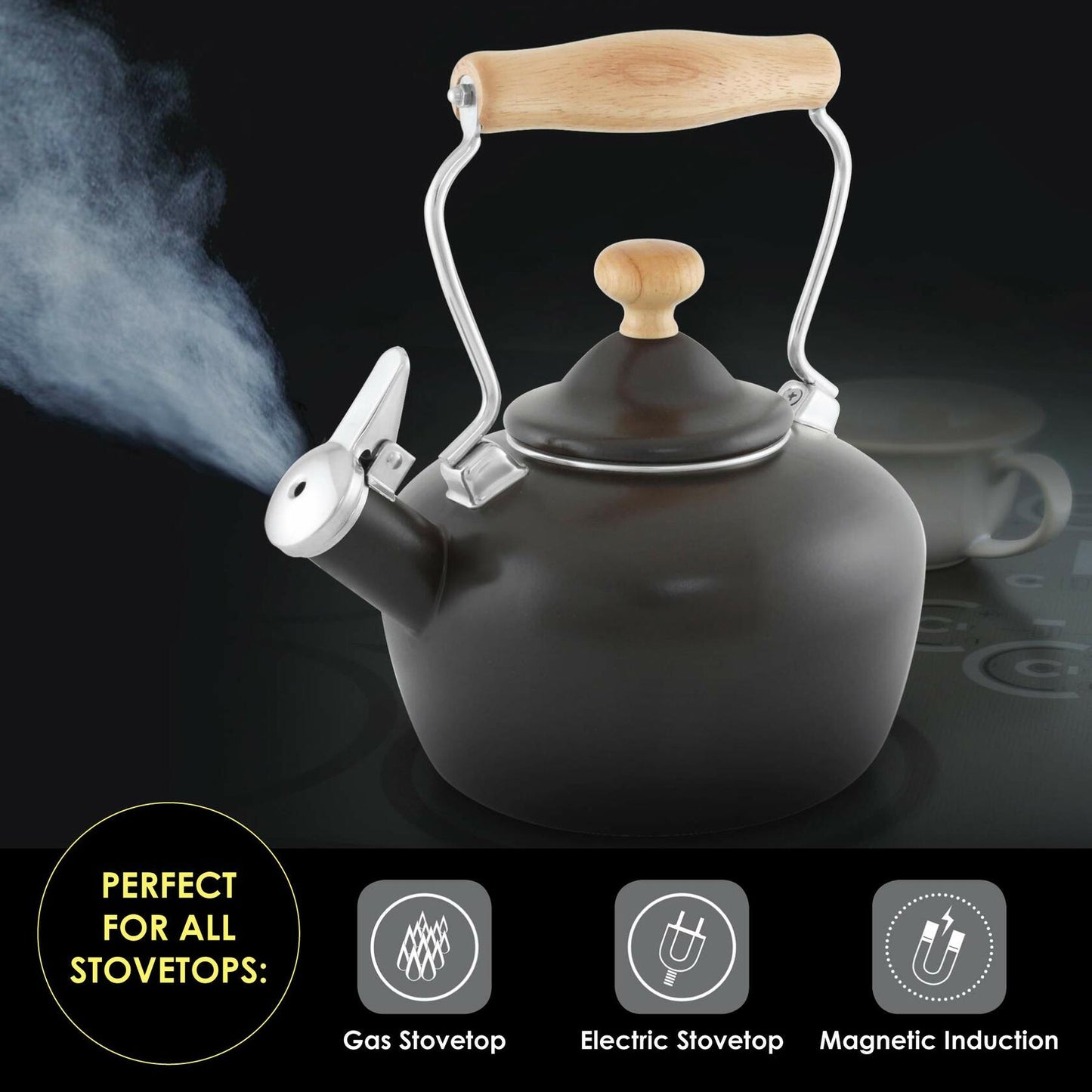Chantal Tea Kettle, Carina Series, 1.8 QT, Premium Enamel on Carbon Steel, Whistling, Even Heating & Quick Boil, Black