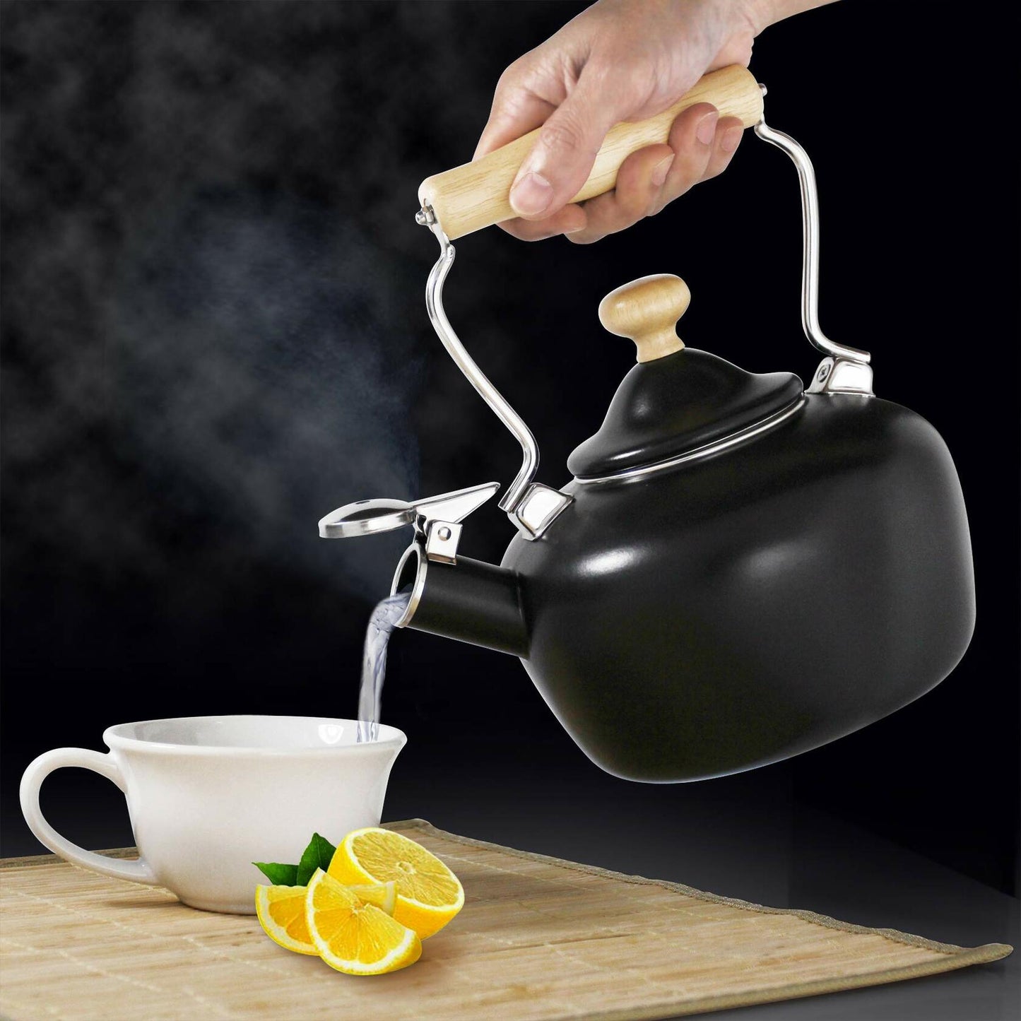 Chantal Tea Kettle, Carina Series, 1.8 QT, Premium Enamel on Carbon Steel, Whistling, Even Heating & Quick Boil, Black