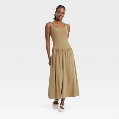Women's Drop Waist Knit Midi Slip Dress - Universal Thread™ Brown L: Rayon, Recycled Polyester, Spandex