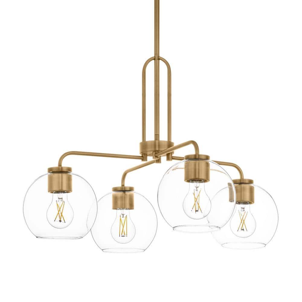 Nelwyn 25 in. 4-Light Vintage Brass Chandelier with Clear Glass Globe Shades