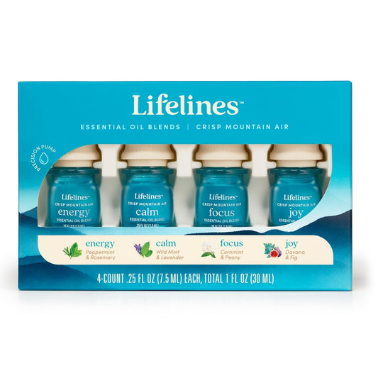 Lifelines Essential Oil Blends, 4-Pack - Blended Essential Oils with Precision Pump for Aromatherapy Diffusers - Long-Lasting Scented Fragrance - Crisp Mountain Air (Joy, Calm, Focus & Energy)