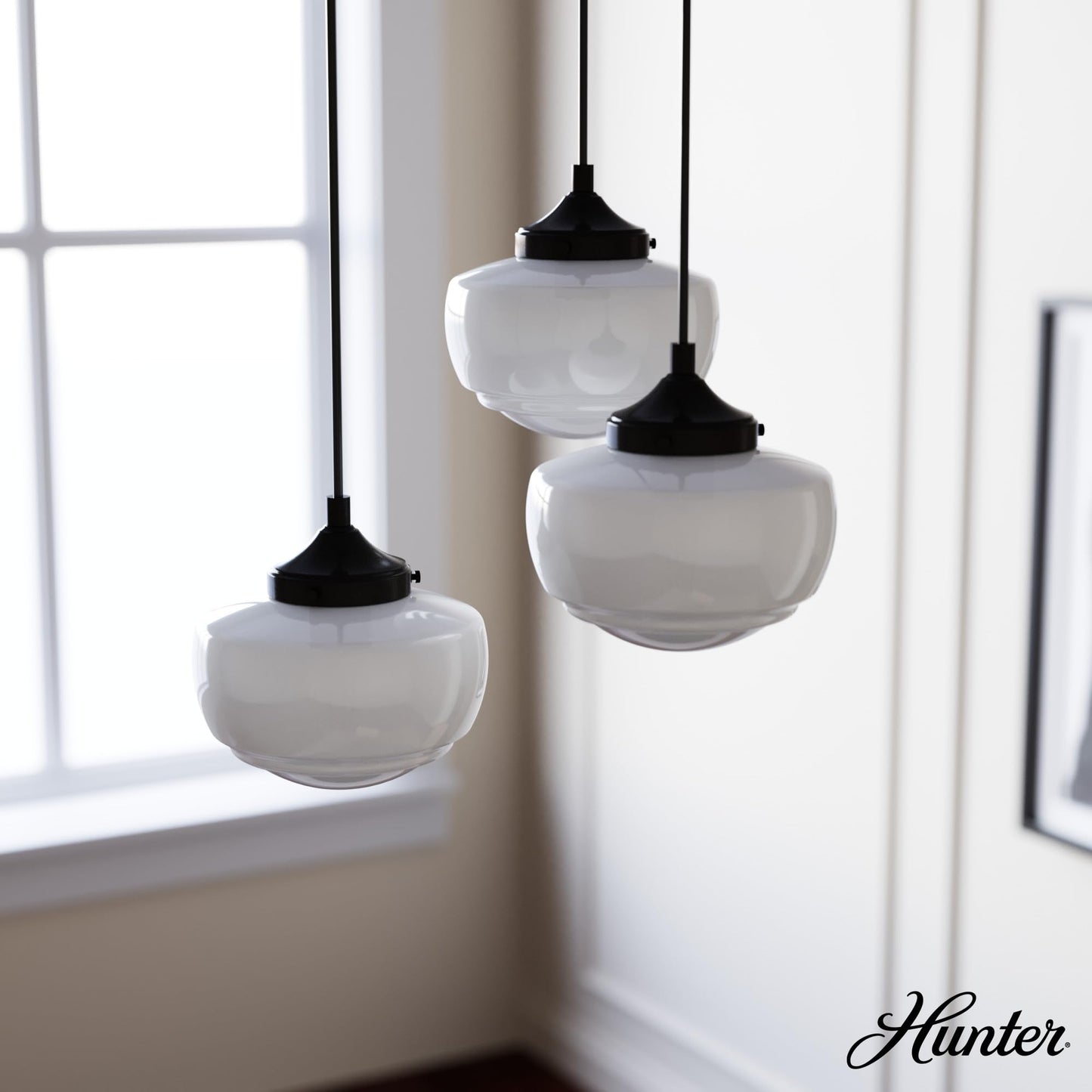 Hunter - Saddle Creek 3-light Noble Bronze, Medium Size Cluster Light, Dimmable, Schoolhouse Style, Round Shaped, for Bedrooms, Kitchens, Dining, Living Rooms - 19502