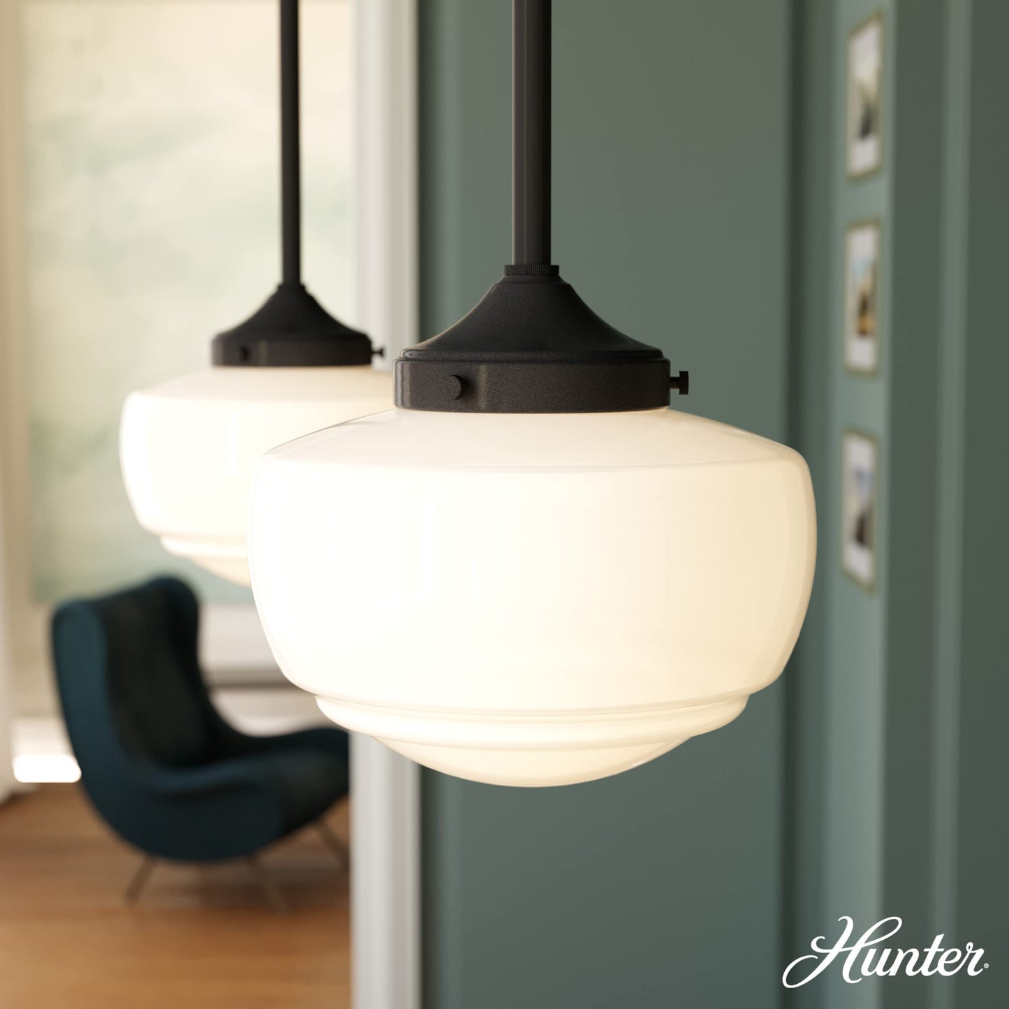 Hunter - Saddle Creek 1-light Noble Bronze, Small Pendant Light, Dimmable, Schoolhouse Style, Schoolhouse Shaped, for Bedrooms, Kitchens, Dining, Living Rooms - 19032