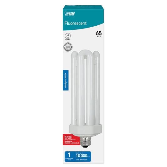 Feit Electric CFL Quad Tube Light Bulb, 300W Equivalent, E26 Base with Mogul Base Adapter, 65-Watt CFL Light Bulb for Residential & Commercial Use, 6500K Daylight, 10,000-Hour Lifespan, PLF65/65/G2