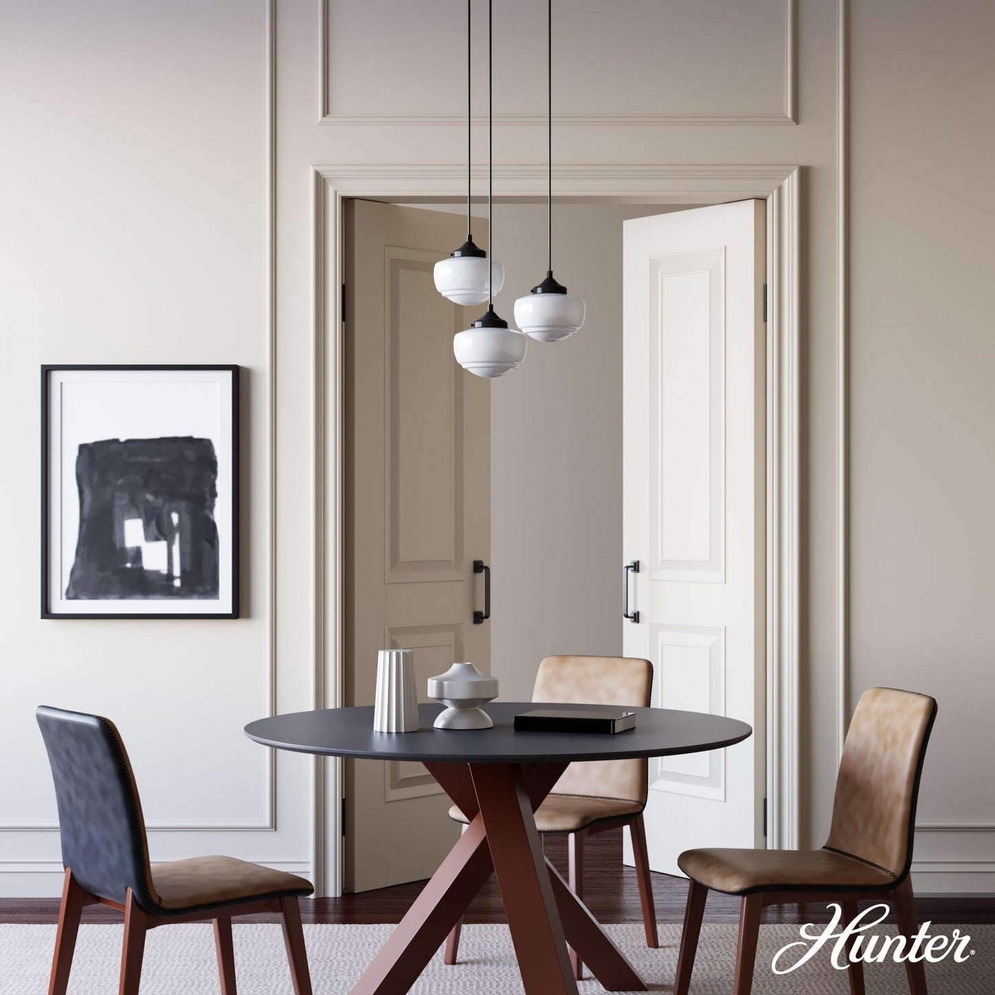 Hunter - Saddle Creek 3-light Noble Bronze, Medium Size Cluster Light, Dimmable, Schoolhouse Style, Round Shaped, for Bedrooms, Kitchens, Dining, Living Rooms - 19502