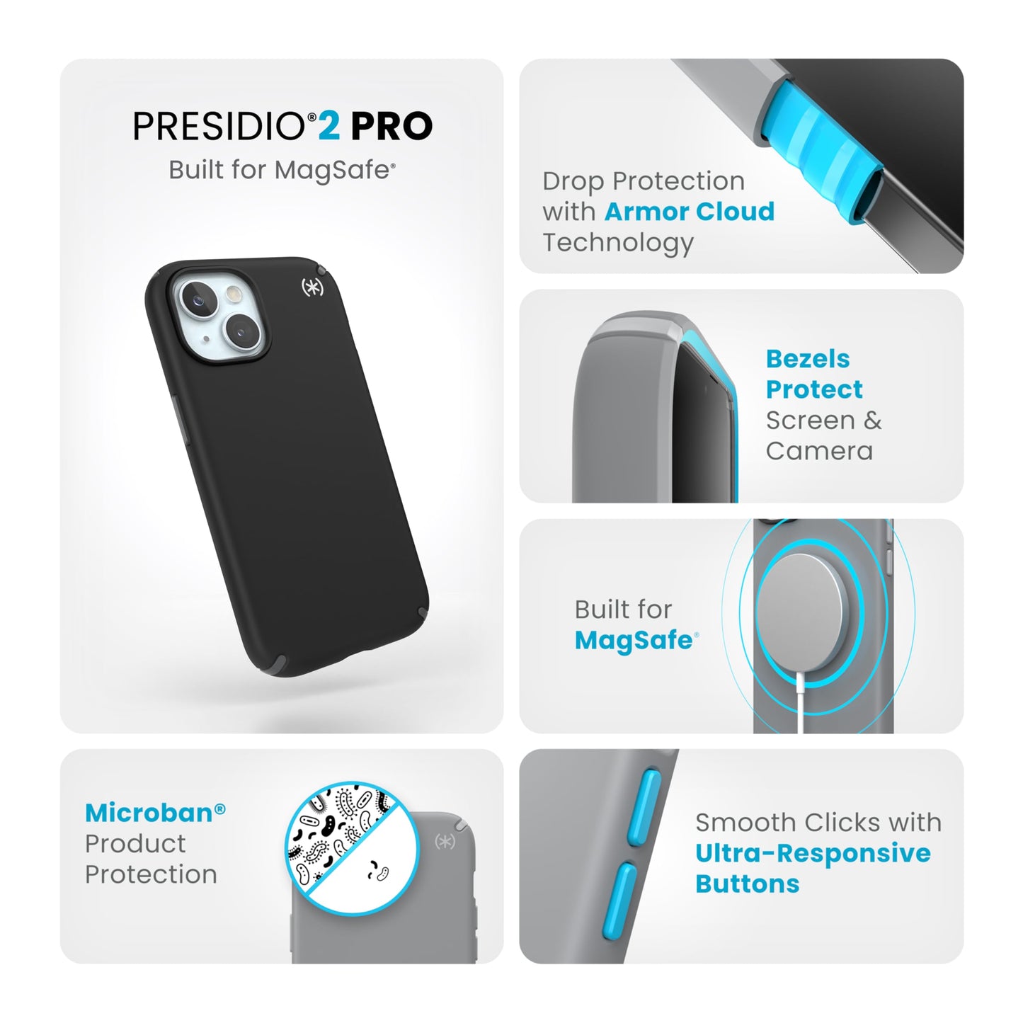 Speck Blue iPhone 15 Case MagSafe - Slim Phone Case iPhone 15 - iPhone 15 Phone Case 6.1 inch - Compatible with, iPhone 14 Case - iPhone 13 Case Magsafe - Presidio2 Pro Coastal Blue/Dust Grey/White