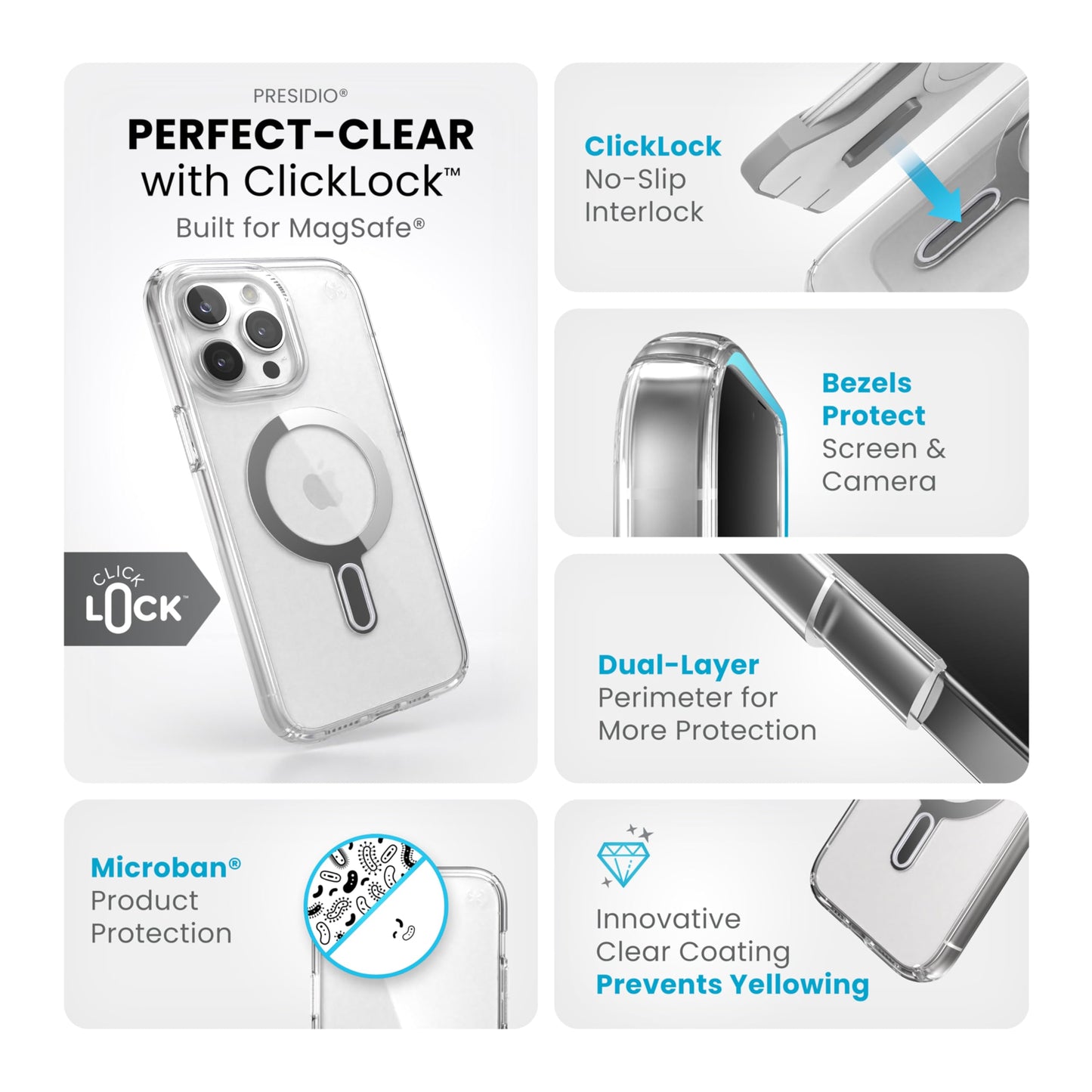 Speck Clear iPhone 15 Pro Max Case - ClickLock No-Slip Interlock, Built for MagSafe, Drop Protection - Scratch Resistant, Anti-Yellowing, 6.7 Inch Phone Case - Presidio Clear/Chrome