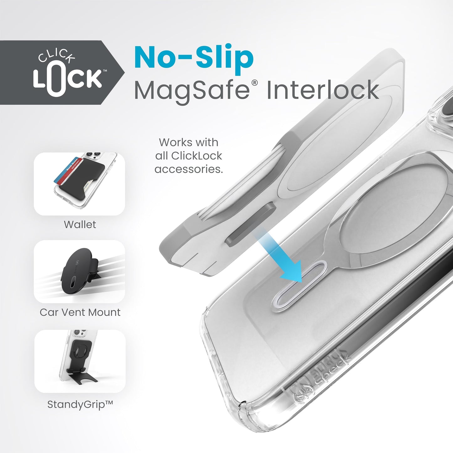 Speck Clear iPhone 15 Pro Max Case - ClickLock No-Slip Interlock, Built for MagSafe, Drop Protection - Scratch Resistant, Anti-Yellowing, 6.7 Inch Phone Case - Presidio Clear/Chrome