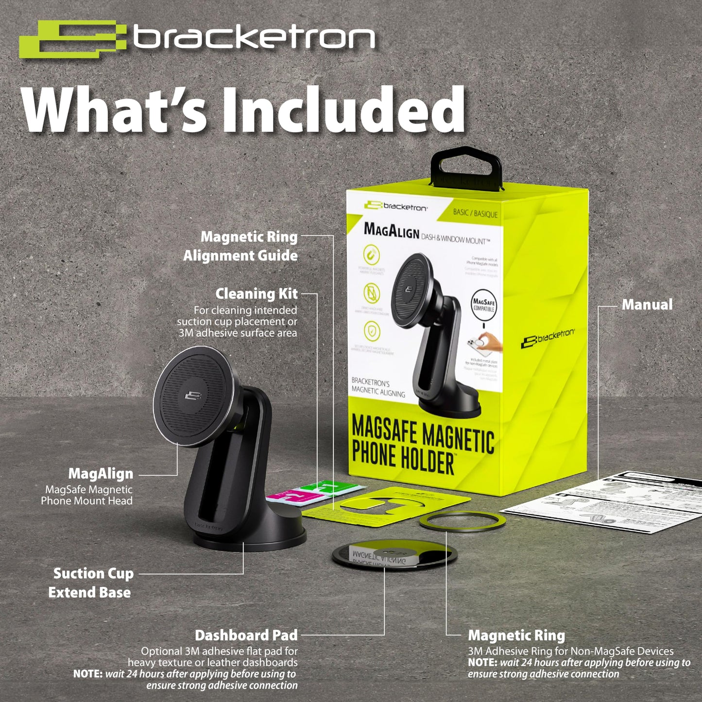 Bracketron MagAlign Compatible with Apple MagSafe and All Phones Magnetic Windshield Dashboard Cell Phone Mount for Car Home Office Cradle Grip Stand Desk Nightstand Cellphone Holder