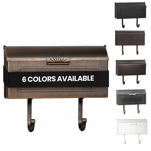 Cast Aluminum Metal Mailbox with Newspaper Hooks, Easy to Install Wall Mount, Heavy Duty, Rustproof Paint, Horizontal Mail Box for Outside House Porch - 16” x 4.25” x 8.25” (Antique Bronze)